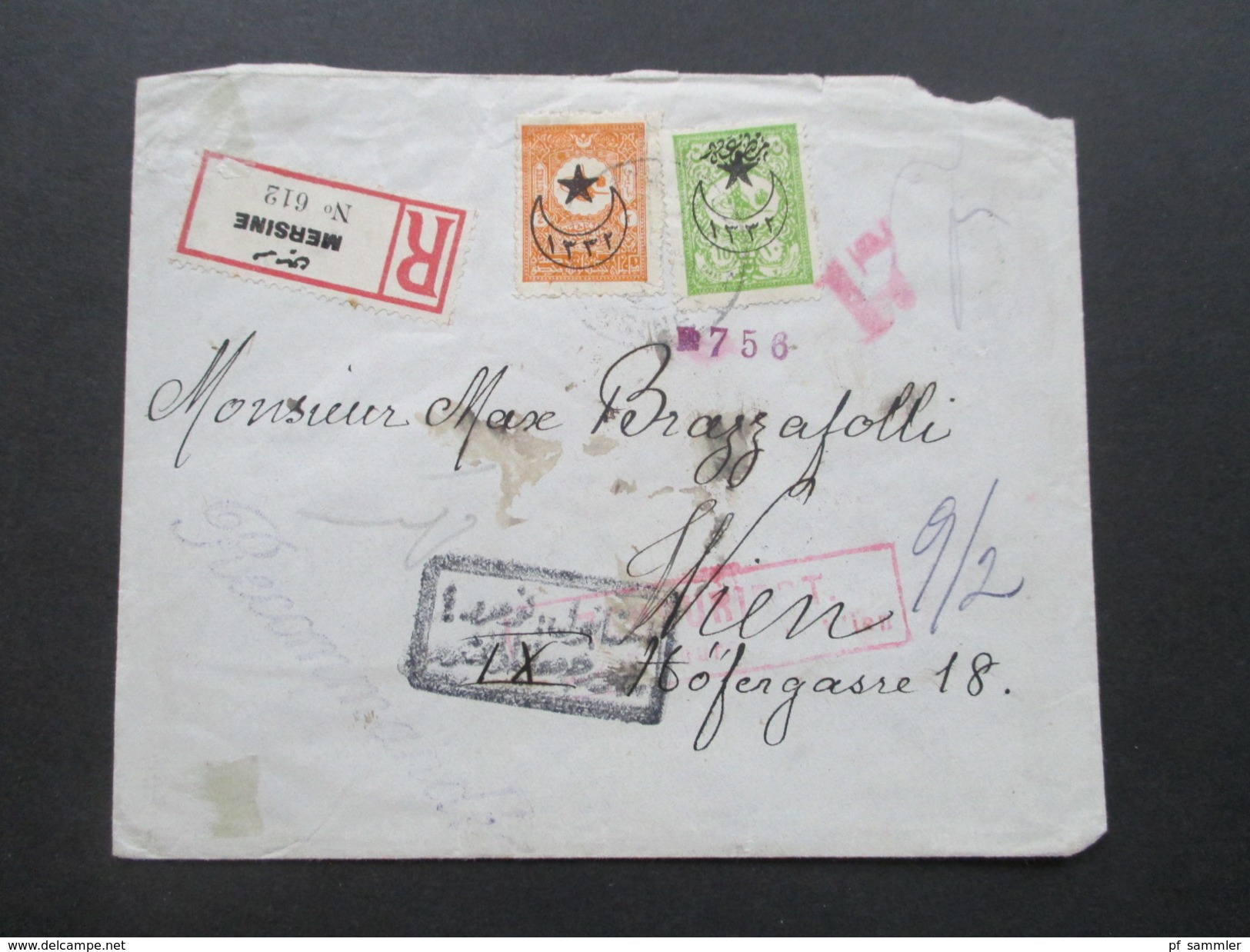 Türkei 1917?! R-Brief Mersine No 612 - Wien. Schwarzer Kastenstempel. Recommande! Zensur. Viele Vermerke Und Stempel!! - Storia Postale