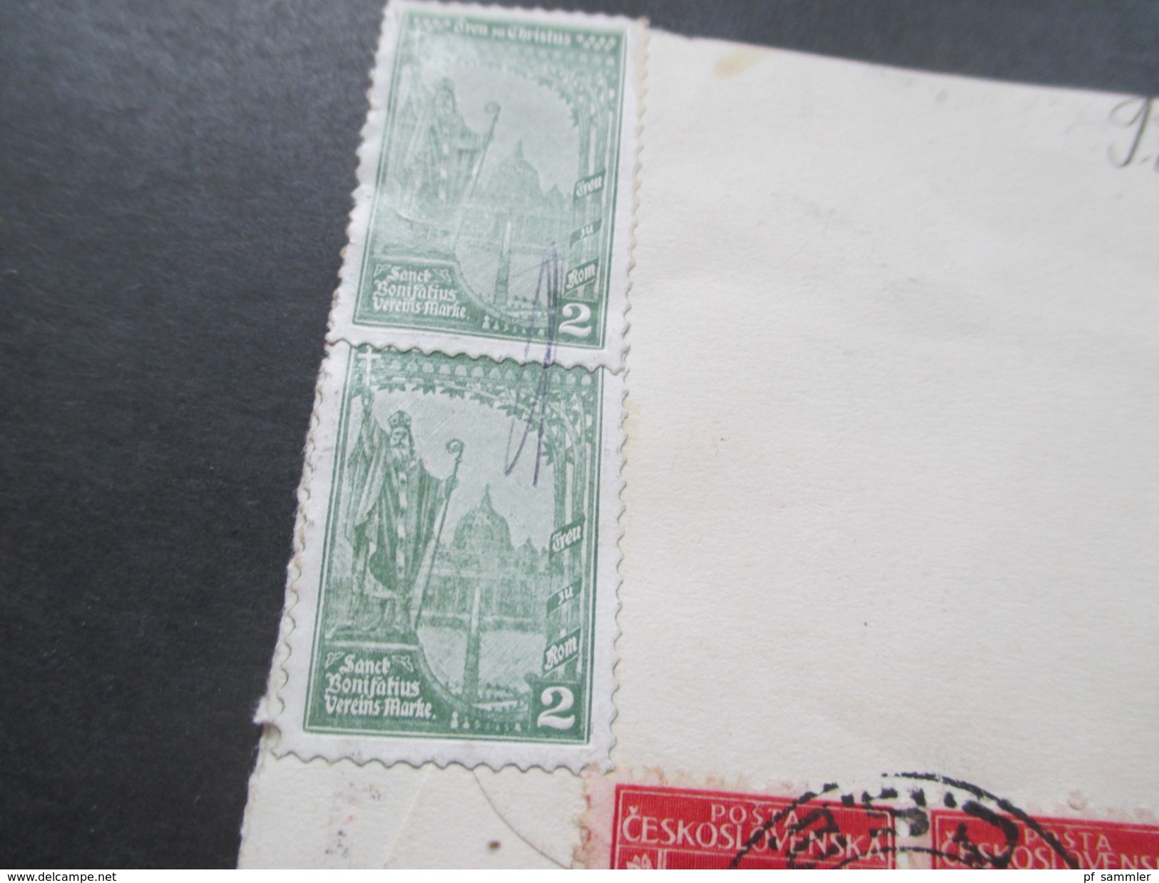 CSSR / Prag 1927 Briefstück mit 4 Vignetten Treu zu Christus Sanct Bonifatius Vereins Marke + 6er Streifen Marken!