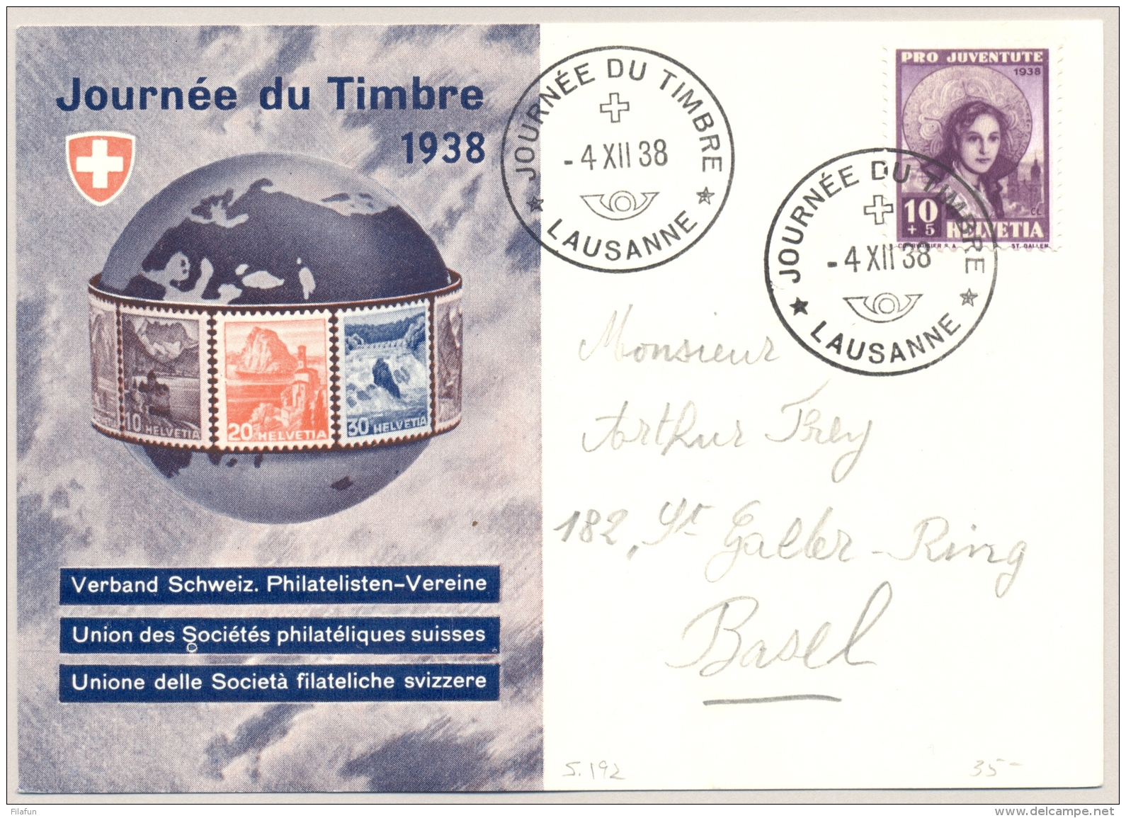 Schweiz - 1938 - 10+5 Cent Pro Juventute On Postcard Journee Du Timbre Lausanne To Basel - Covers & Documents