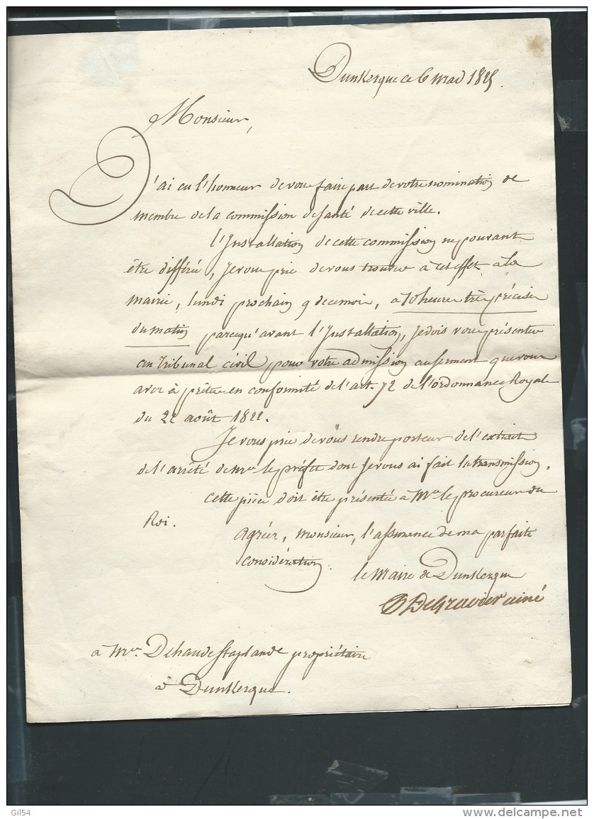 documents , lettres manuscrites, sur la creation de la commission de sante de DuNkerque en 1822 - aw126