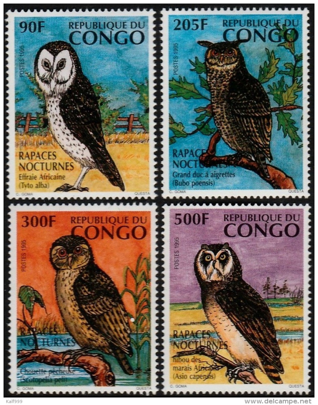 ~~~  Congo Brazzaville 1996 - Fauna  Birds Owls - Mi. 1458/1461 YT. 1023/1026  ** MNH ~~~ - Ongebruikt