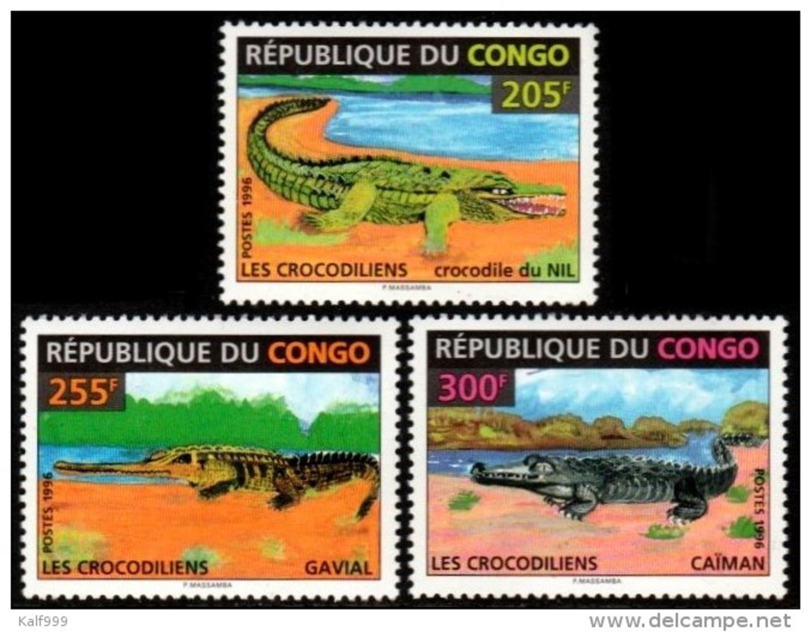 ~~~  Congo Brazzaville 1996 - Fauna Crocodiles Reptiles - Mi. 1493/1495  YT. 1018/1020  ** MNH ~~~ - Ongebruikt