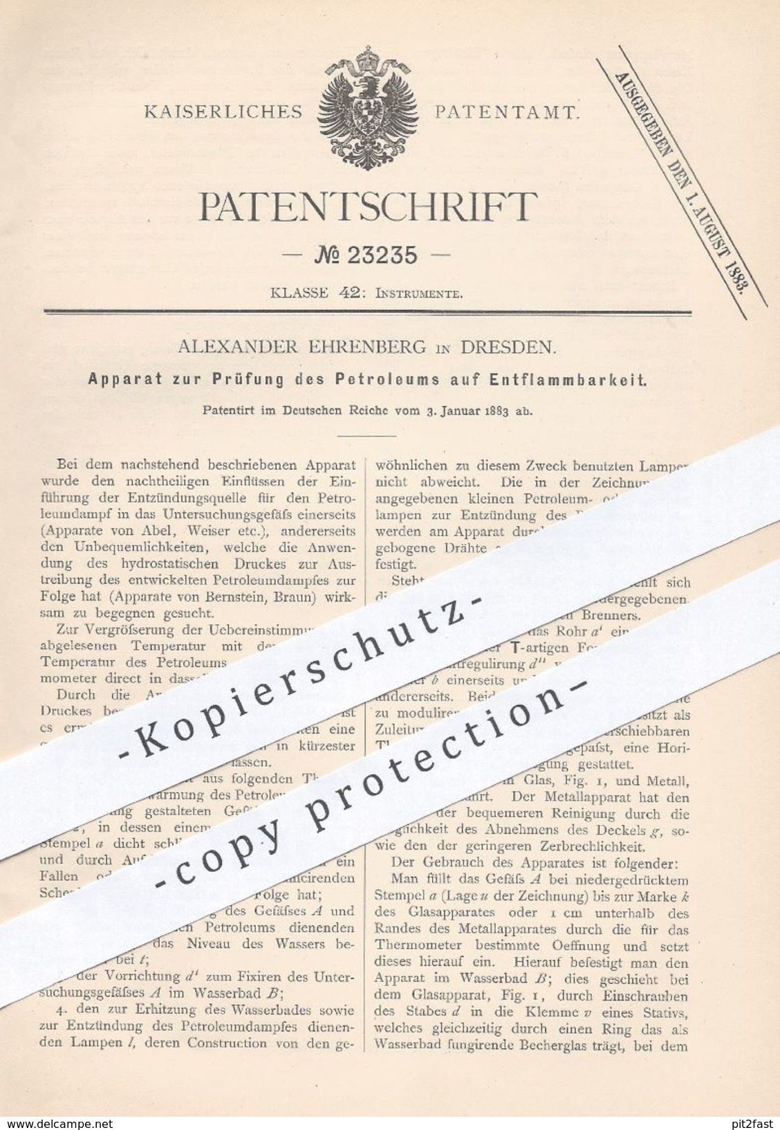 Original Patent - Alexander Ehrenberg , Dresden , 1883 , Prüfung Von Petroleum Auf Entflammbarkeit | Brenner !! - Historische Dokumente
