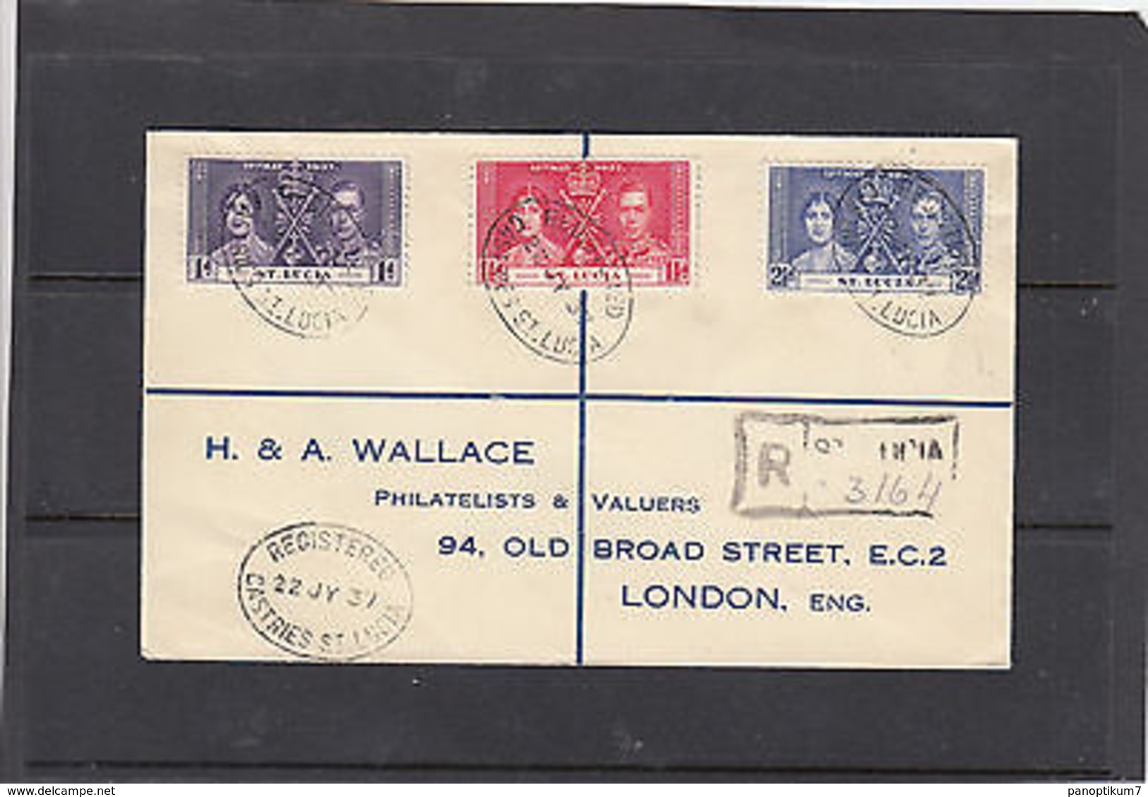 St.LUCIA 1937,Registered Cover With Coronation Set,arrival Cancel,very Good Cond - Ste Lucie (...-1978)