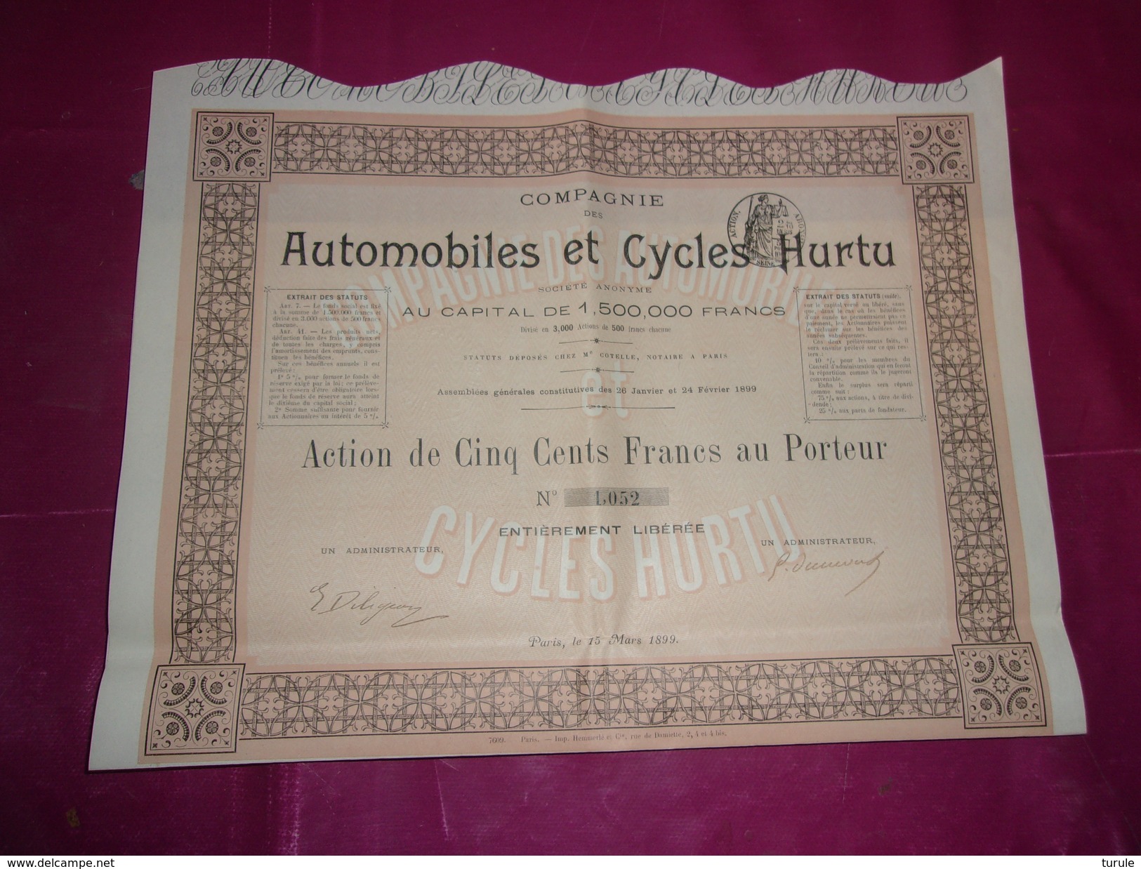 AUTOMOBILES ET CYCLES HURTU (500 Francs) 1899 - Autres & Non Classés