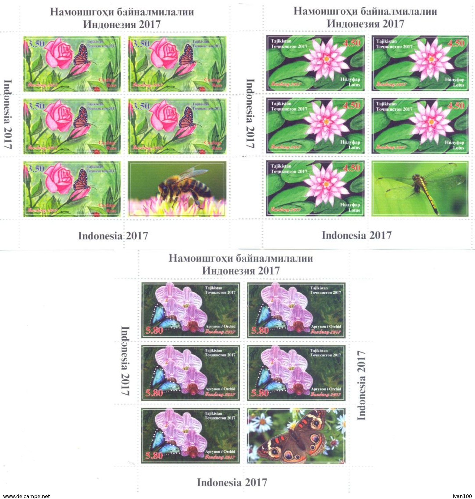 2017. Tajikistan, Flowers & Insects, International Philatelic Exhibition, 3 Sheetlets Perforated, Mint/** - Tajikistan