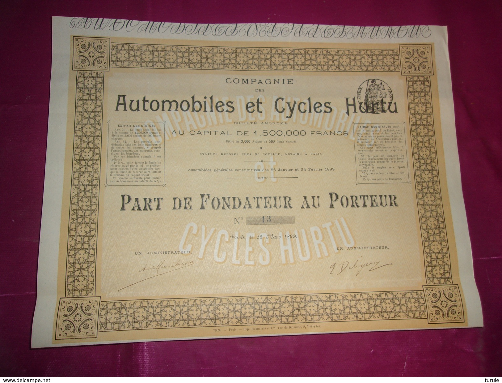 AUTOMOBILES ET CYCLES HURTU (fondateur) 1899 - Autres & Non Classés