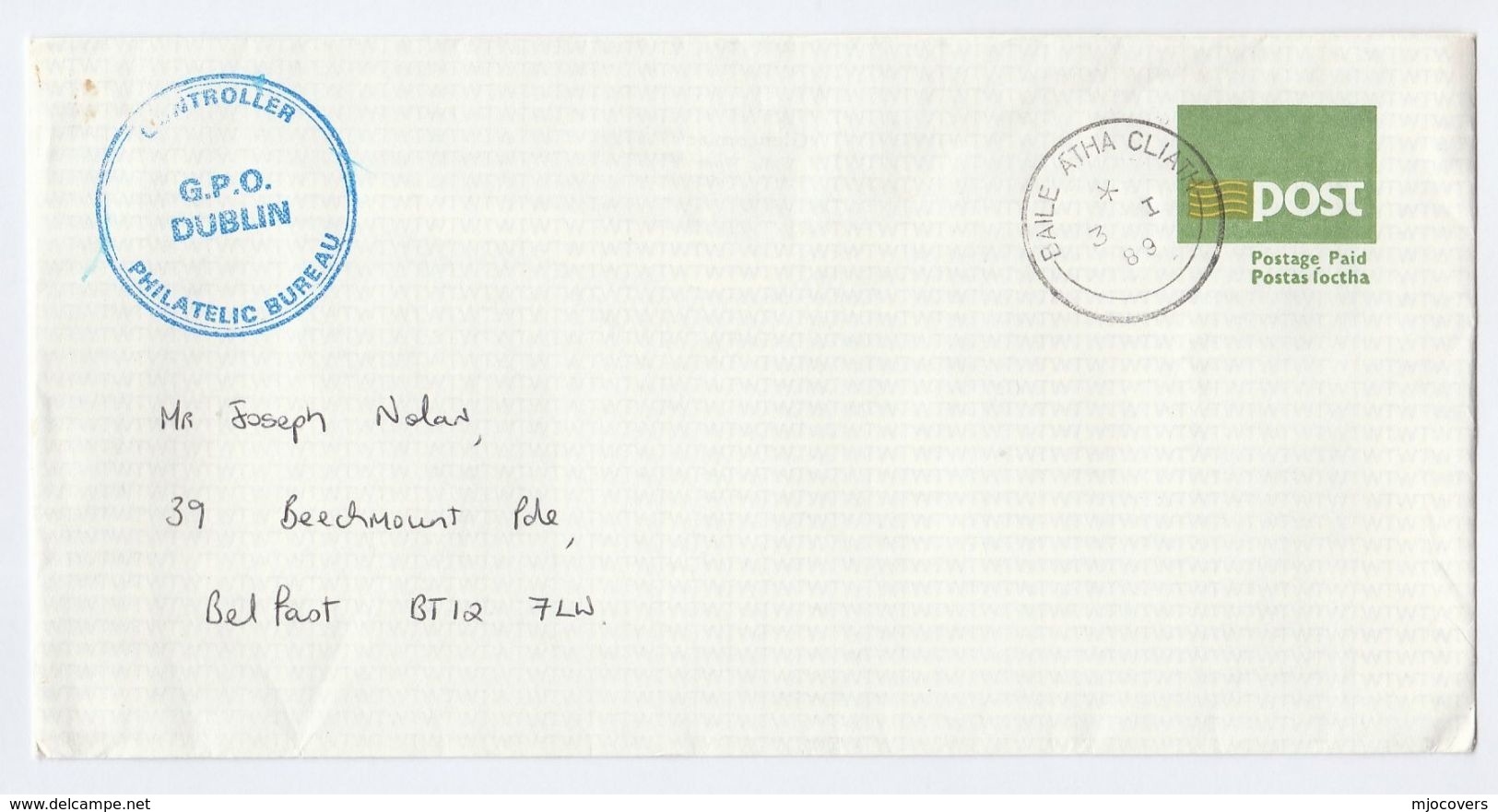 1989 IRELAND Postal STATIONERY COVER Controller GPO Philatelic Bureau Dublin Stamps - Entiers Postaux