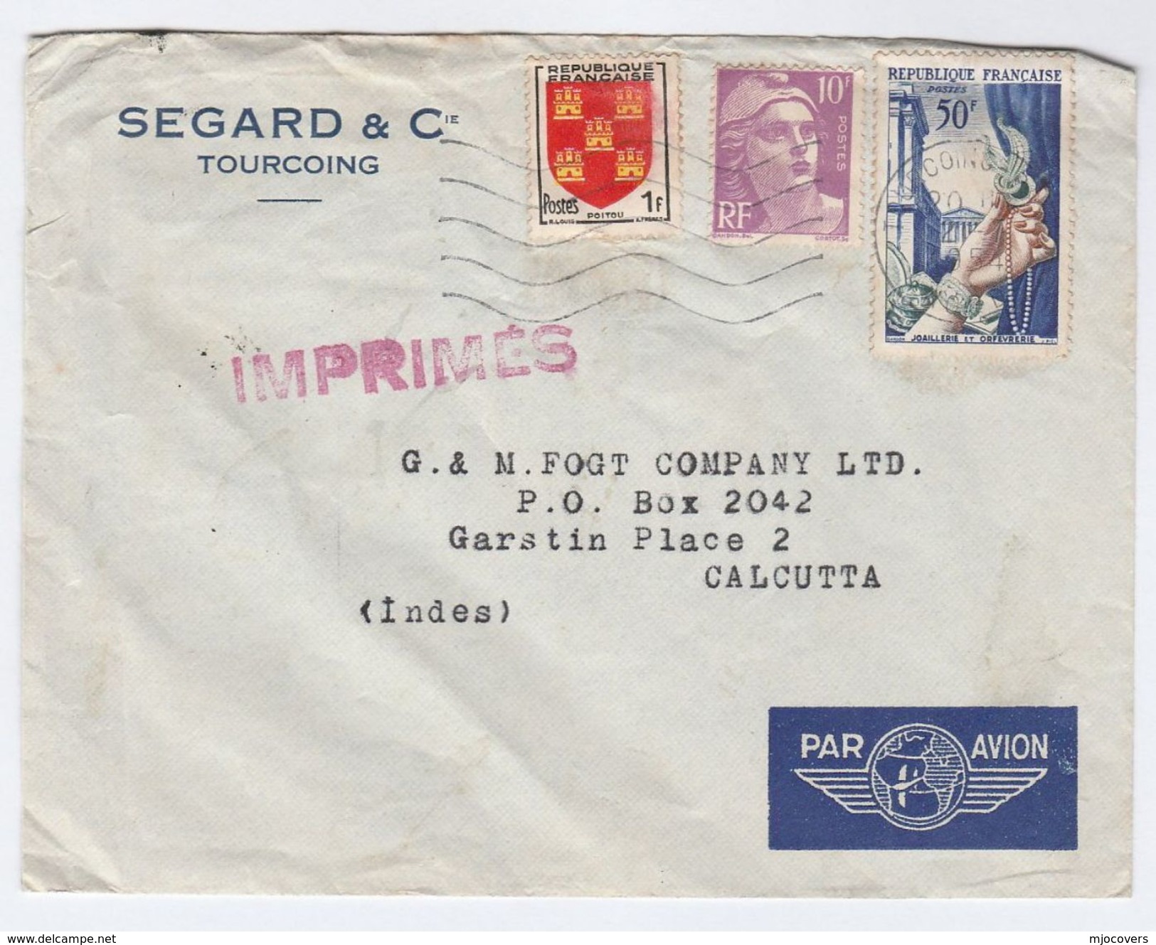 1954 Air Mail FRANCE COVER To INDIA Tourcoing To Calcutta, Franked 1f Arms 10f Marianne De Gandon 50f Jewelry Stamps - Covers & Documents