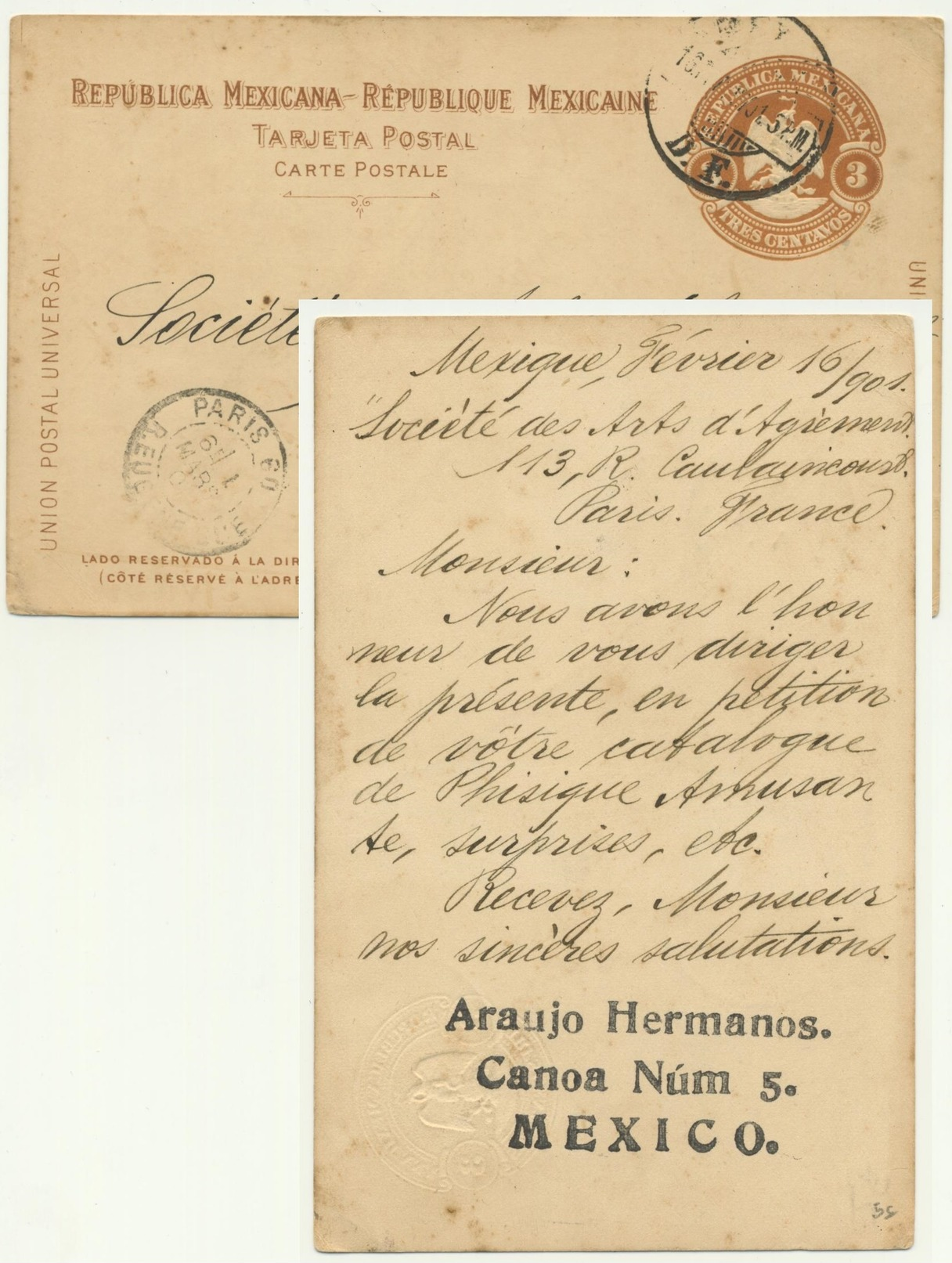 Entier République Mexicaine Pour Paris 1901 Entête: Araujo Hermanos.Canoa Núm 5 Mexico - Mexique