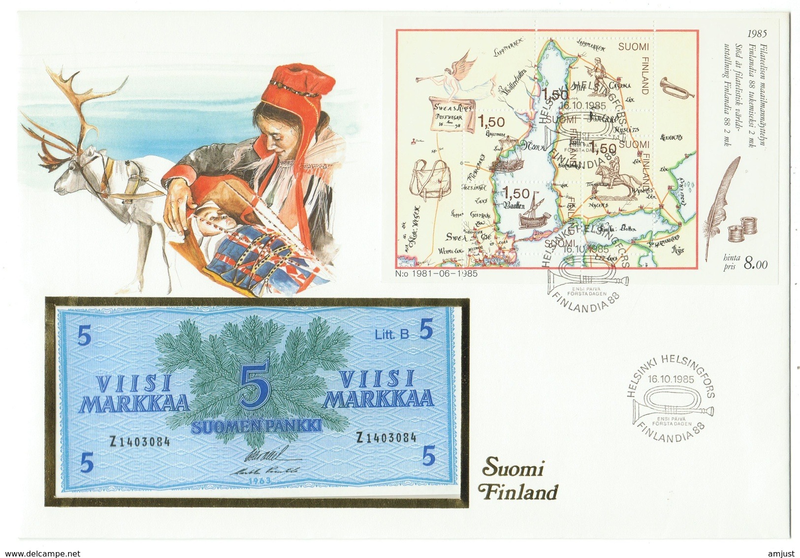 Finlande // Lettre Avec Bloc Finlandia 1988 Et Billet De Banque Neuf De 5 Suomen Pankki )1963) - Lettres & Documents