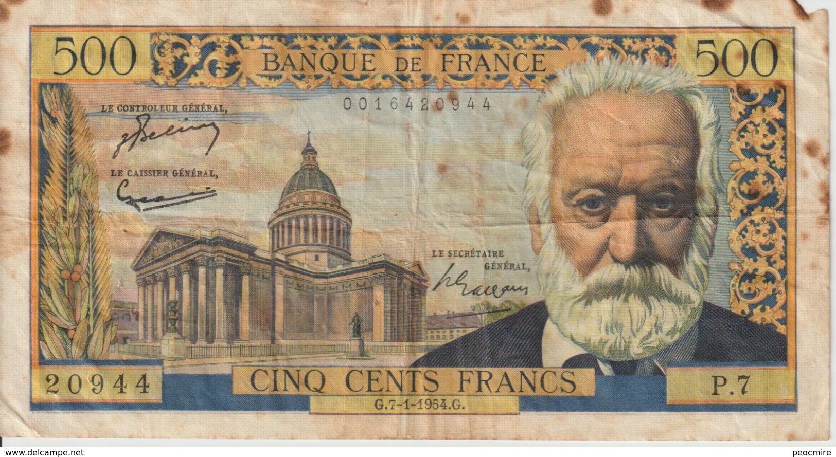 Billet  De  500 Francs  VICTOR  HOGO  -  G.7-1-1954.G  -  N°  20944  -  P.7 - 1955-1959 Surchargés En Nouveaux Francs