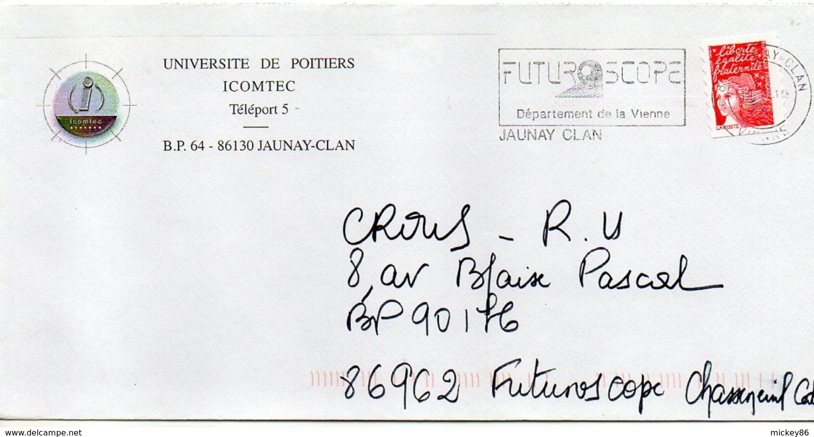 Flamme-  2001--JAUNAY-CLAN--86 " Futuroscope--Département De La Vienne " -Université ICOMTEC- Tp Type  Marianne Luquet - Oblitérations Mécaniques (flammes)