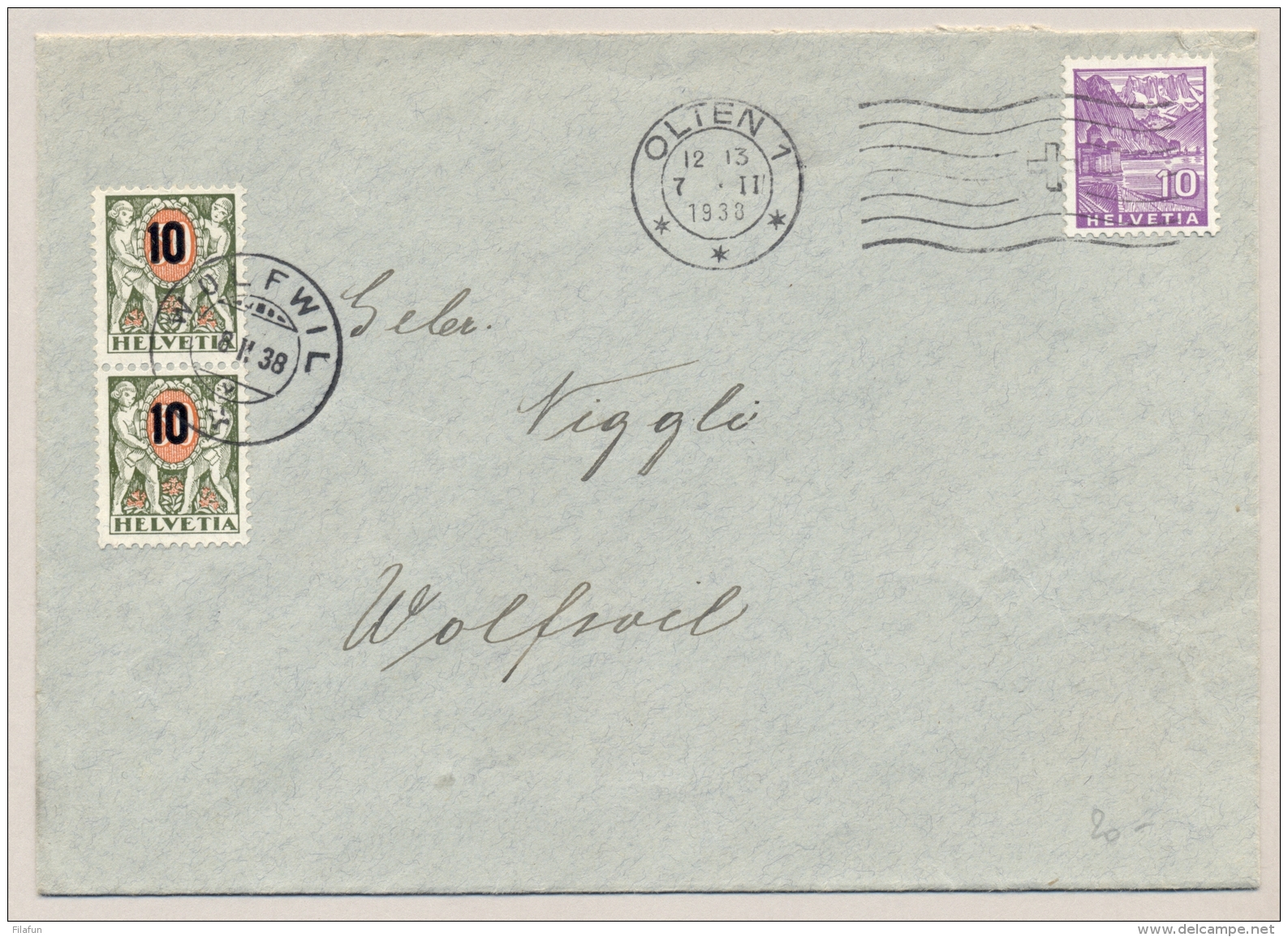 Schweiz - 1938 - 2x 10 Cent Overprint On Portomarke On Cover From Olten To Wolfwil - Strafportzegels