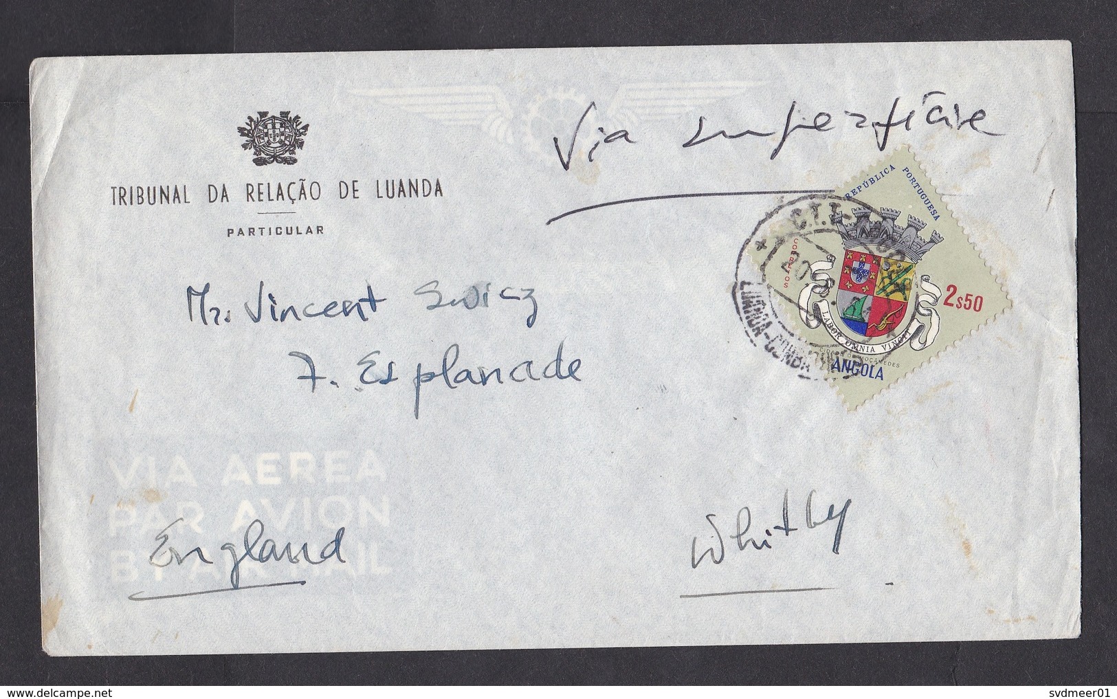 Angola: Cover To UK, 1964, 1 Stamp, Heraldry, Sent By Tribunal (minor Damage, See Scan) - Angola