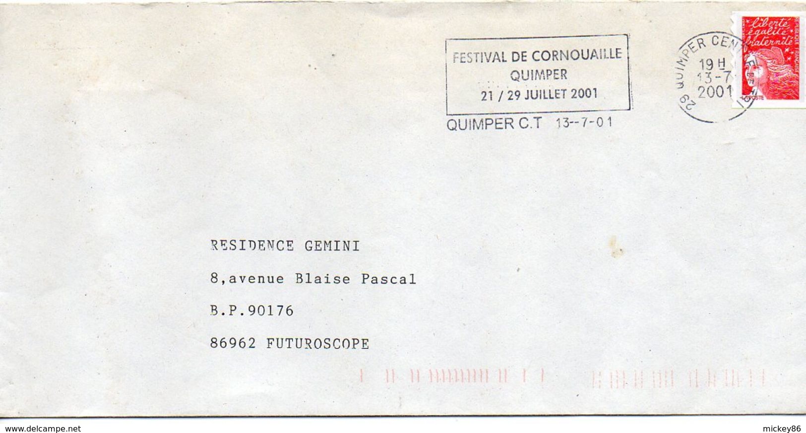 Flamme Temporaire --2001 --QUIMPER CT- 29 -" Festival De Cornouaille Quimper " - Tp Marianne Luquet-- - Mechanical Postmarks (Advertisement)