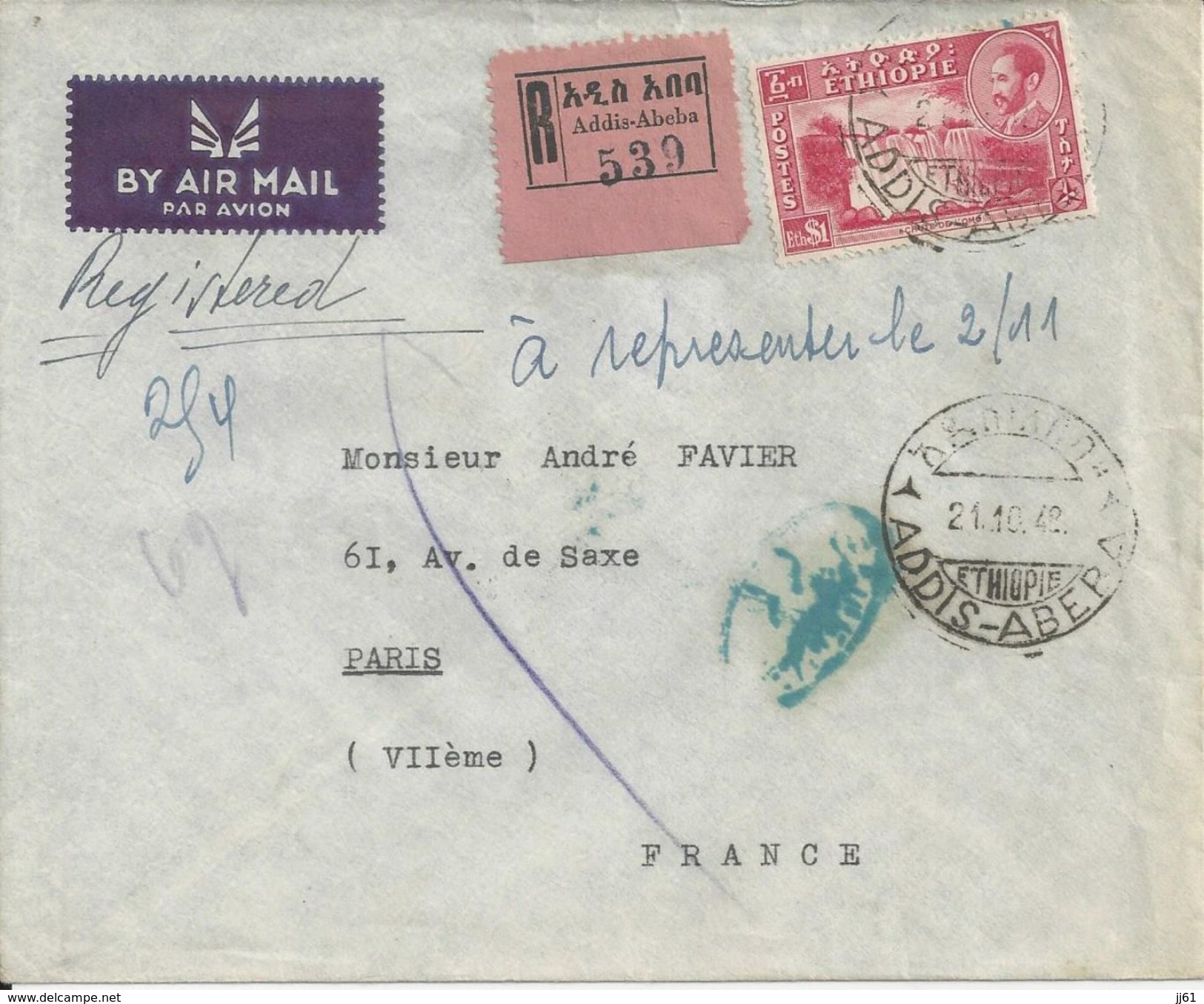 ETHIOPIE ENVELOPPE AVEC TIMBRES ET CACHET VIGNETTE ADDIS ABEDA ANNEE1948 ENVOYE DE MR MASSOT - Ethiopia