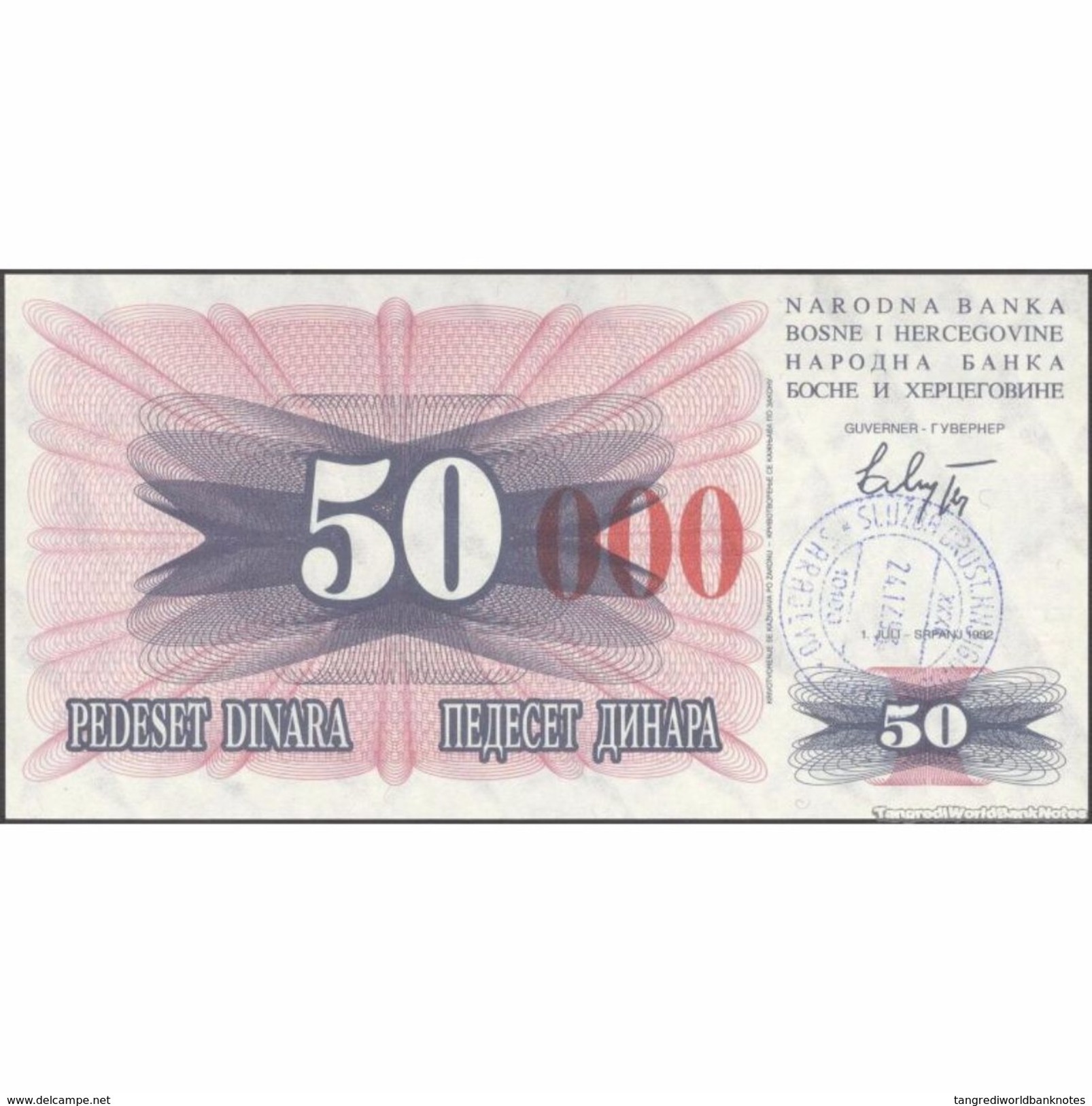 TWN - BOSNIA-HERZEGOVINA 55h - 50.000 Dinara 1993 (1992) Handstamp Date 24.12.1993 - SARAJEVO - Tall Red Zeroes UNC - Bosnia Erzegovina