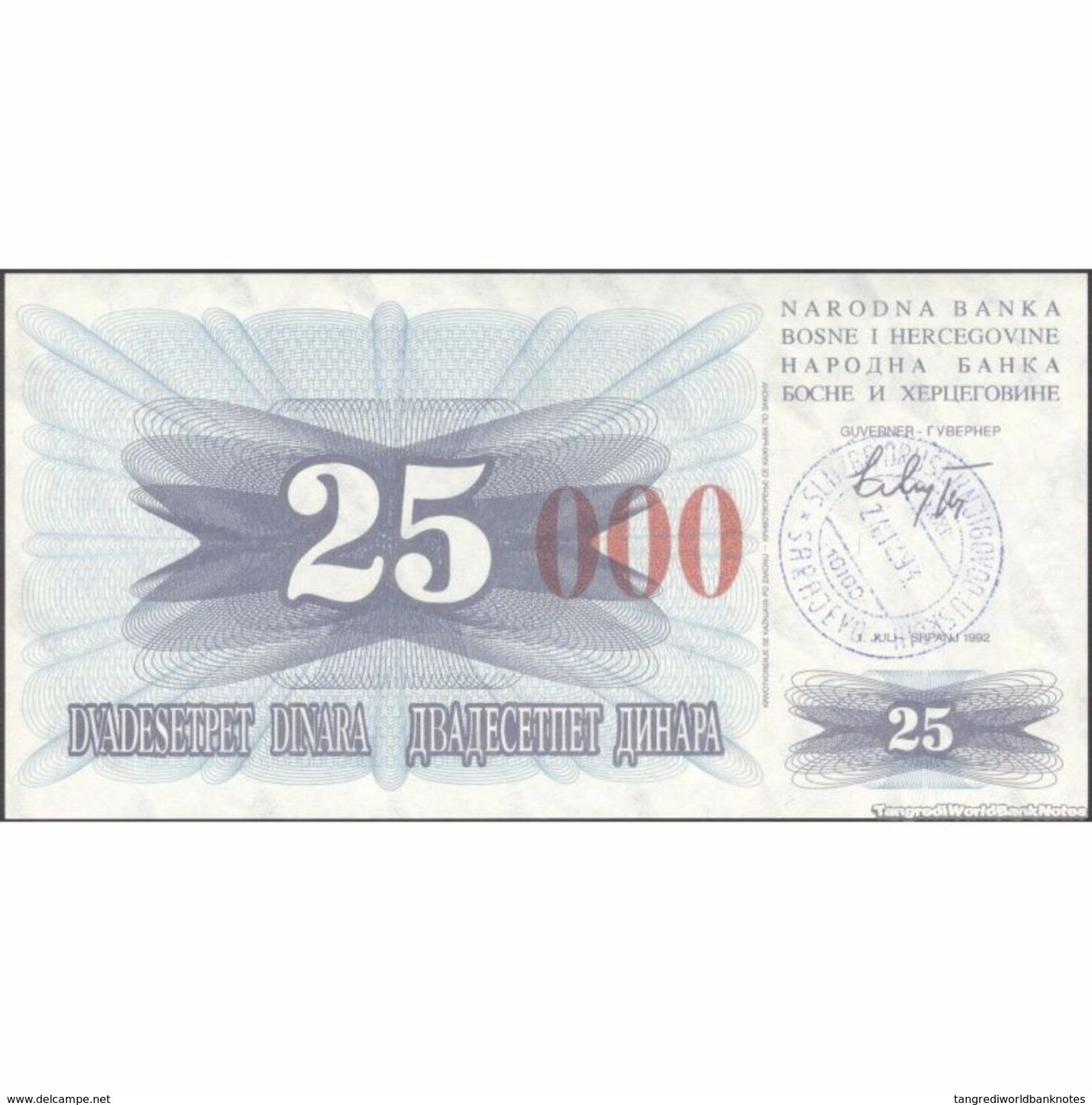 TWN - BOSNIA-HERZEGOVINA 54h - 25.000 Dinara 1993 (1992) Handstamp Date 24.12.1993 - SARAJEVO - Tall Red Zeroes UNC - Bosnia And Herzegovina