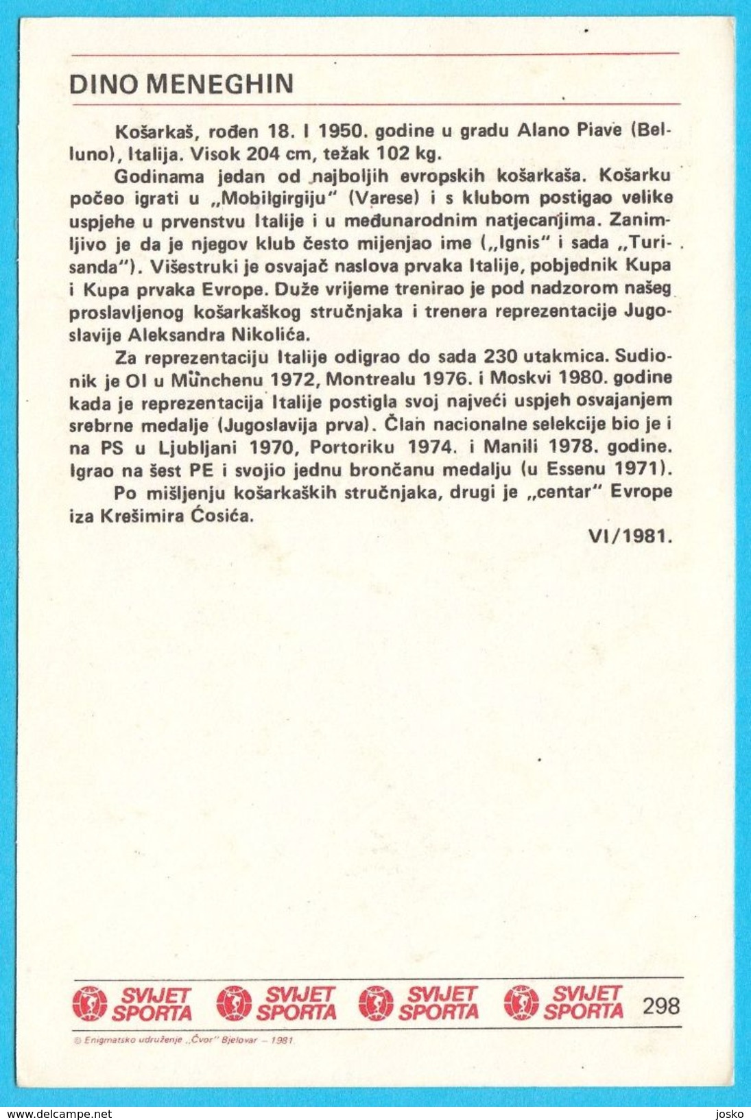 DINO MENEGHIN Varese Milano Trieste  Yugoslavia Old Card Svijet Sporta LARGE SIZE * Basketball Basket-ball Pallacanestro - Autres & Non Classés