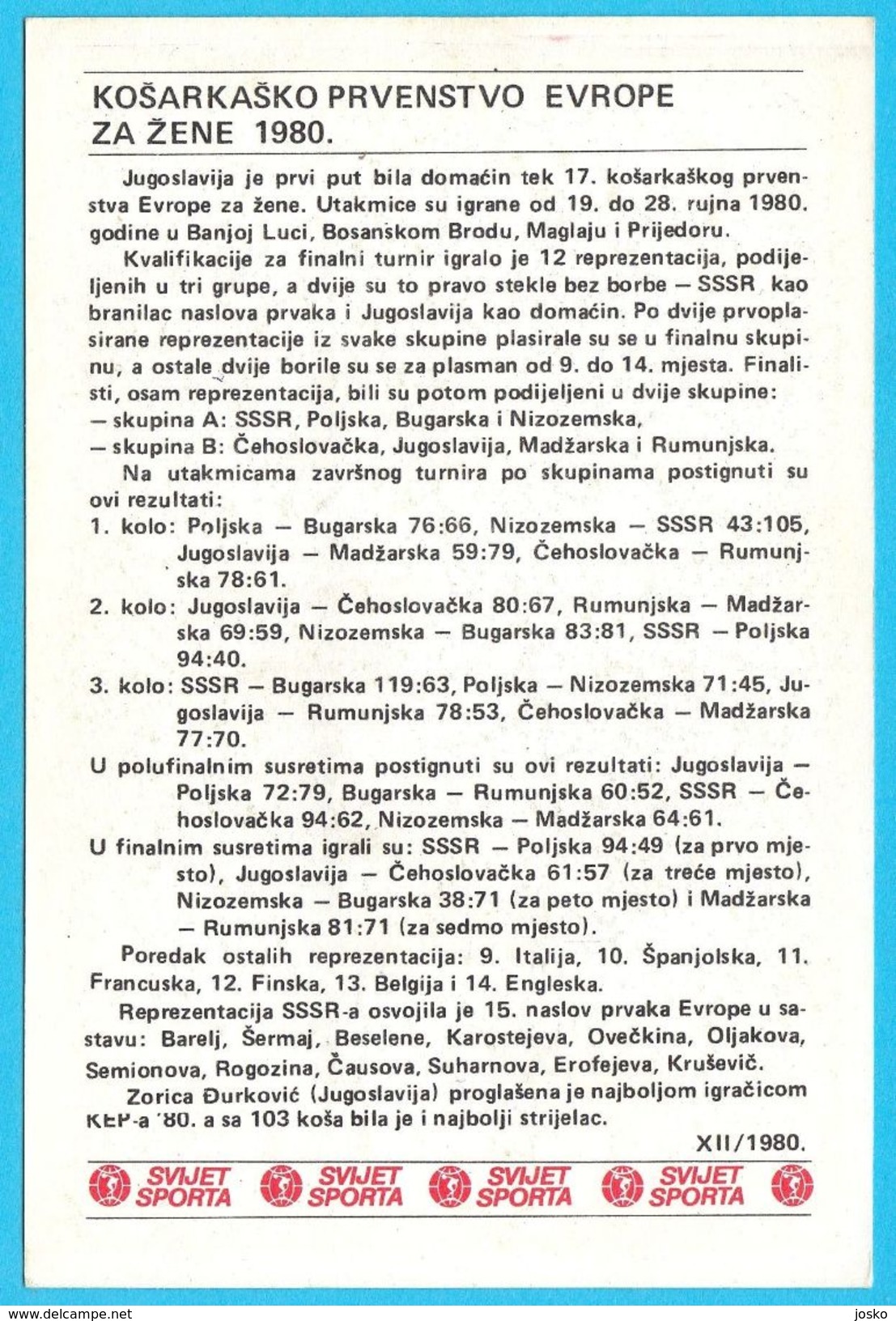 FIBA EUROBASKET WOMAN 1980. -  Yugoslavia Old Card Svijet Sporta LARGE SIZE Basketball Basket-ball Pallacanestro - Autres & Non Classés