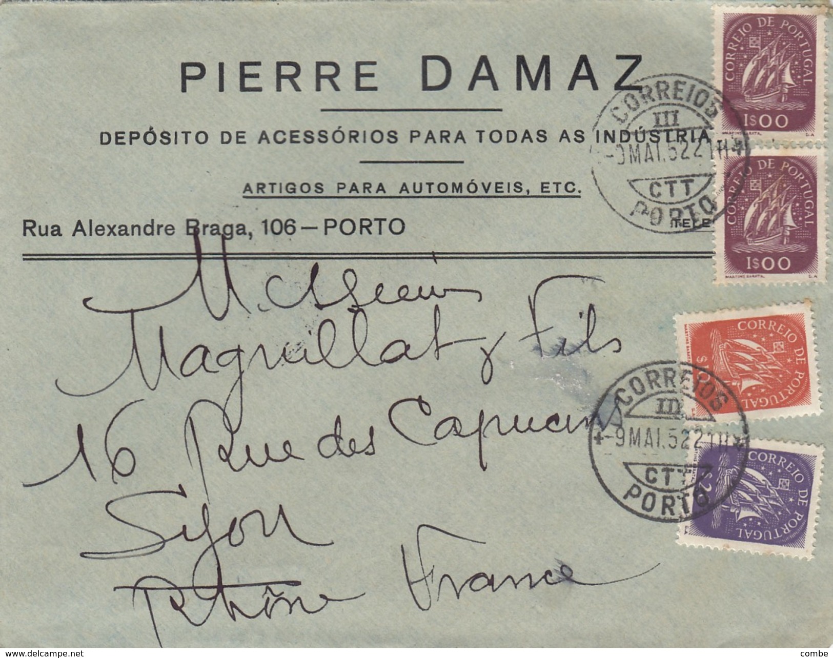 5 LETTRES PORTUGAL. PIERRE DAMAZ DEPOSITO DE ACESSORIOS PARA TODAS AS INDUSTRIAS  PORTO POUR LYON - Lettres & Documents