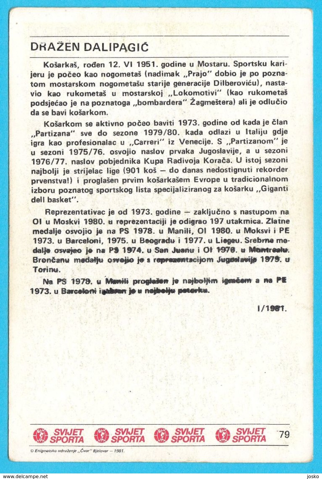 DRAZEN DALIPAGIC - KK Partizan ... Yugoslavia Vintage Card Svijet Sporta LARGE SIZE Basketball Basket-ball Pallacanestro - Apparel, Souvenirs & Other