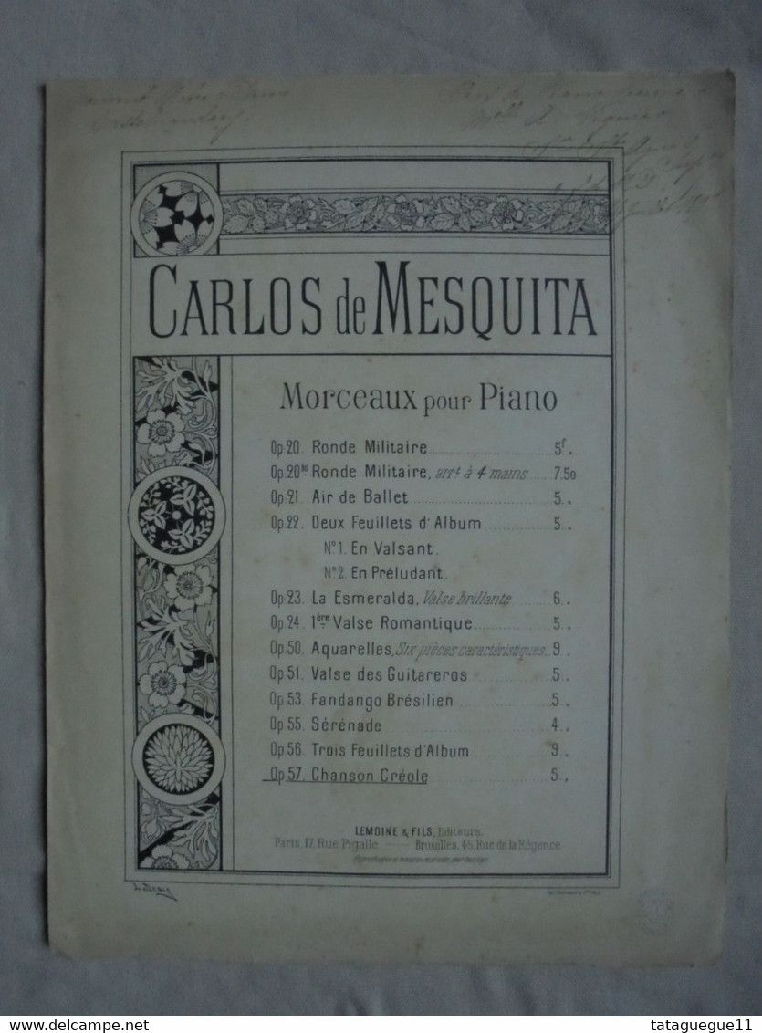 Ancien - Partition CARLOS DE MESQUITA Op. 57 Chanson Créole Pour Piano Fin 1800 - Instruments à Clavier