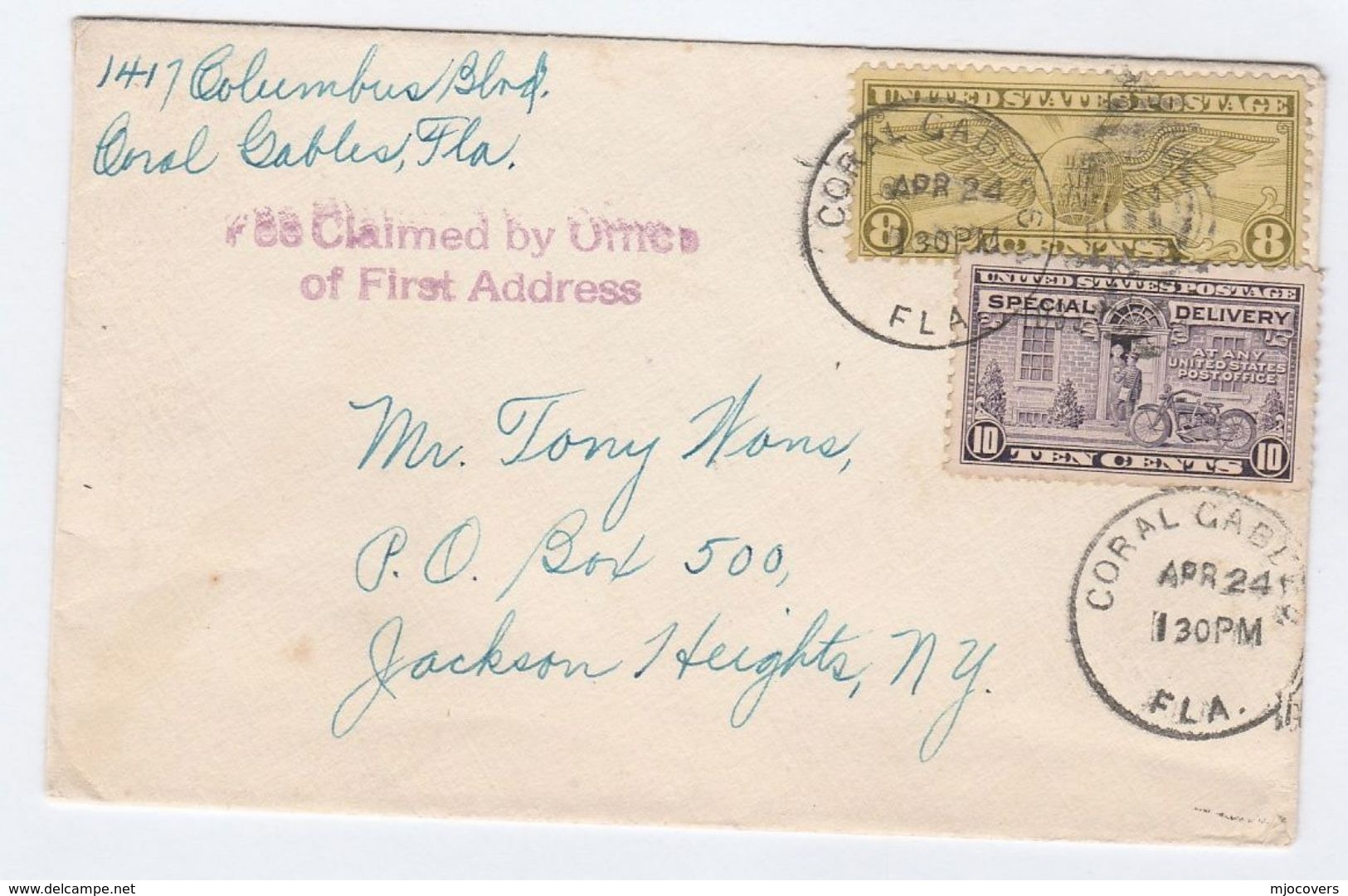 1938 Special Delivery USA COVER AIRMAIL Flight Coral Cable To Jackson Heights Aviation Motorcycle Motorbike Stamps - Covers & Documents