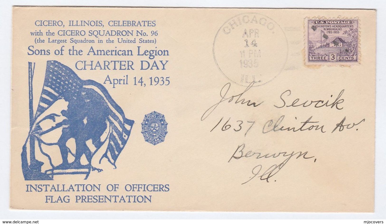 1935 CHICAGO Sons Of AMERICAN LEGION , FLAG PRESENTATION DAY EVENT COVER Usa Stamps - Event Covers