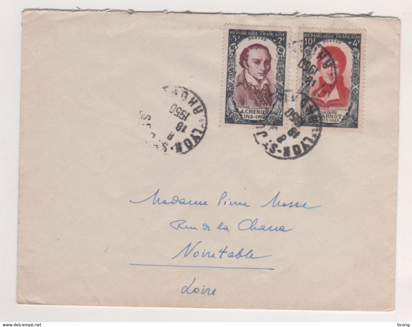 LETTRE DE 1950, SURTAXE ANDRE CHENIER ET LAZARE CARNOT - CACHET LYON SAINT JEAN - SERIE REVOLUTION, VOIR LES SCANNERS - Lettres & Documents