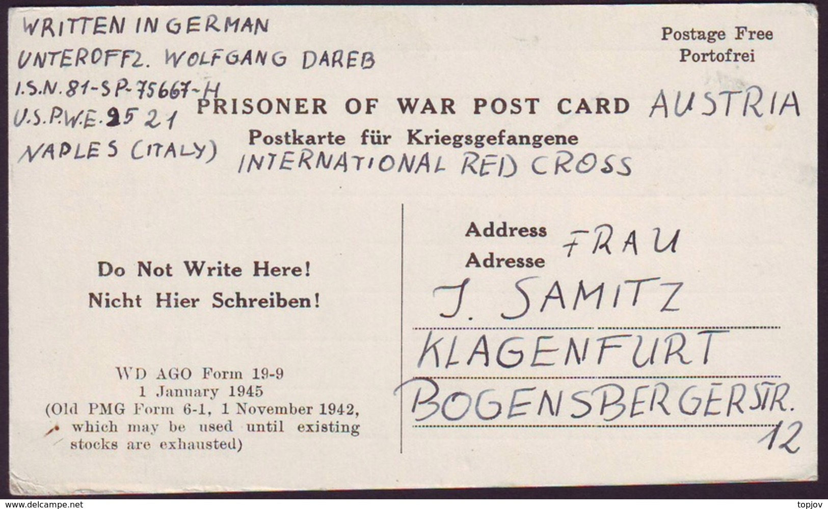 ITALIA - AUSTRIA - LAGER NAPLES - PRISONER Of WAR POST CARD To KLAGENGURT - RED CROS -1946 - Otros & Sin Clasificación