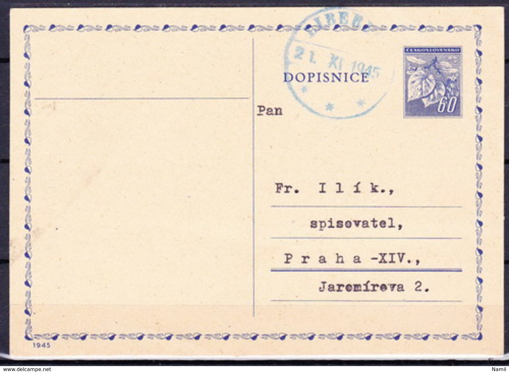 Tchécoslovaquie 1945, Entier (CDV 76), Obliteré, Voyagé - Cartoline Postali