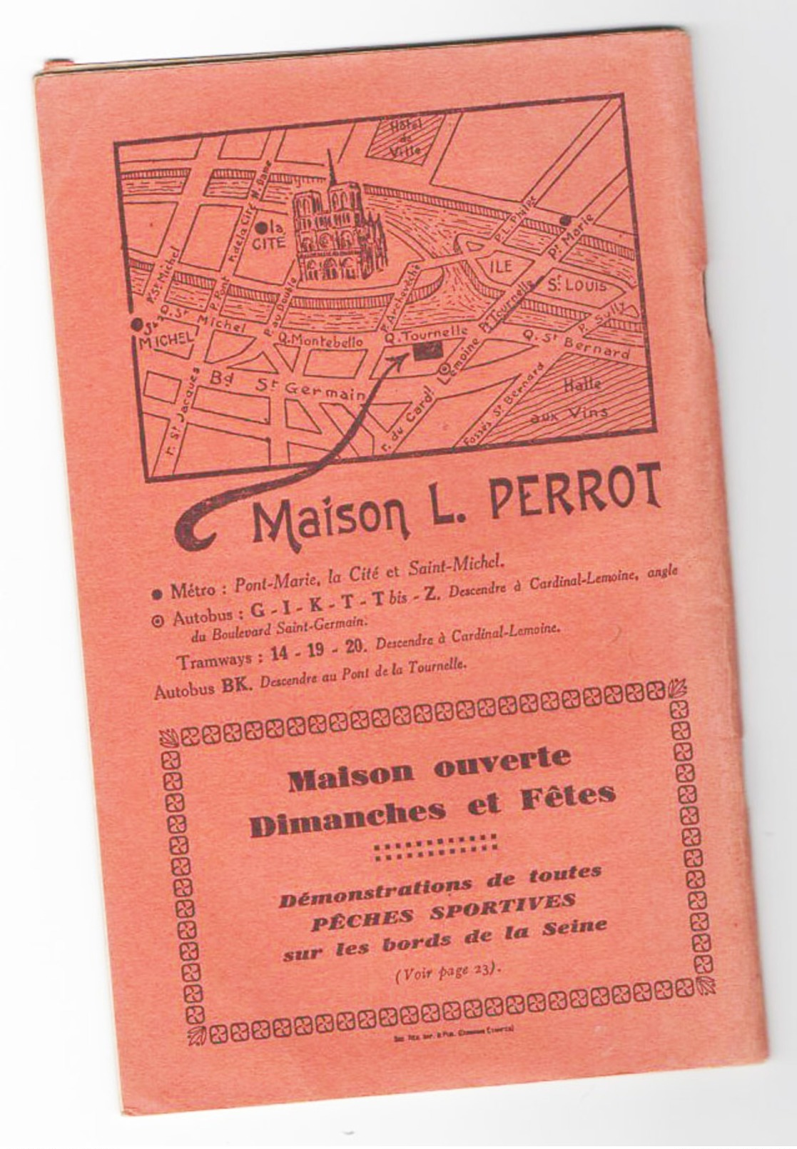 Brochure Articles De Pêche "Au Pont De La Tournelle" Paris 5e - L.PERROT -1929 - Autres & Non Classés