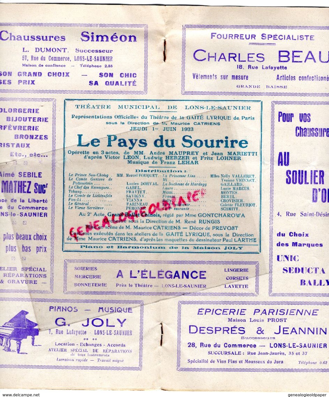 39- LONS LE SAUNIER-PROGRAMME THEATRE MUNICIPAL- LE PAYS DU SOURIRE- 1 JUIN 1933- C. CHARMAT-HOTEL MARTINET-MARIOT-LEFER - Programme
