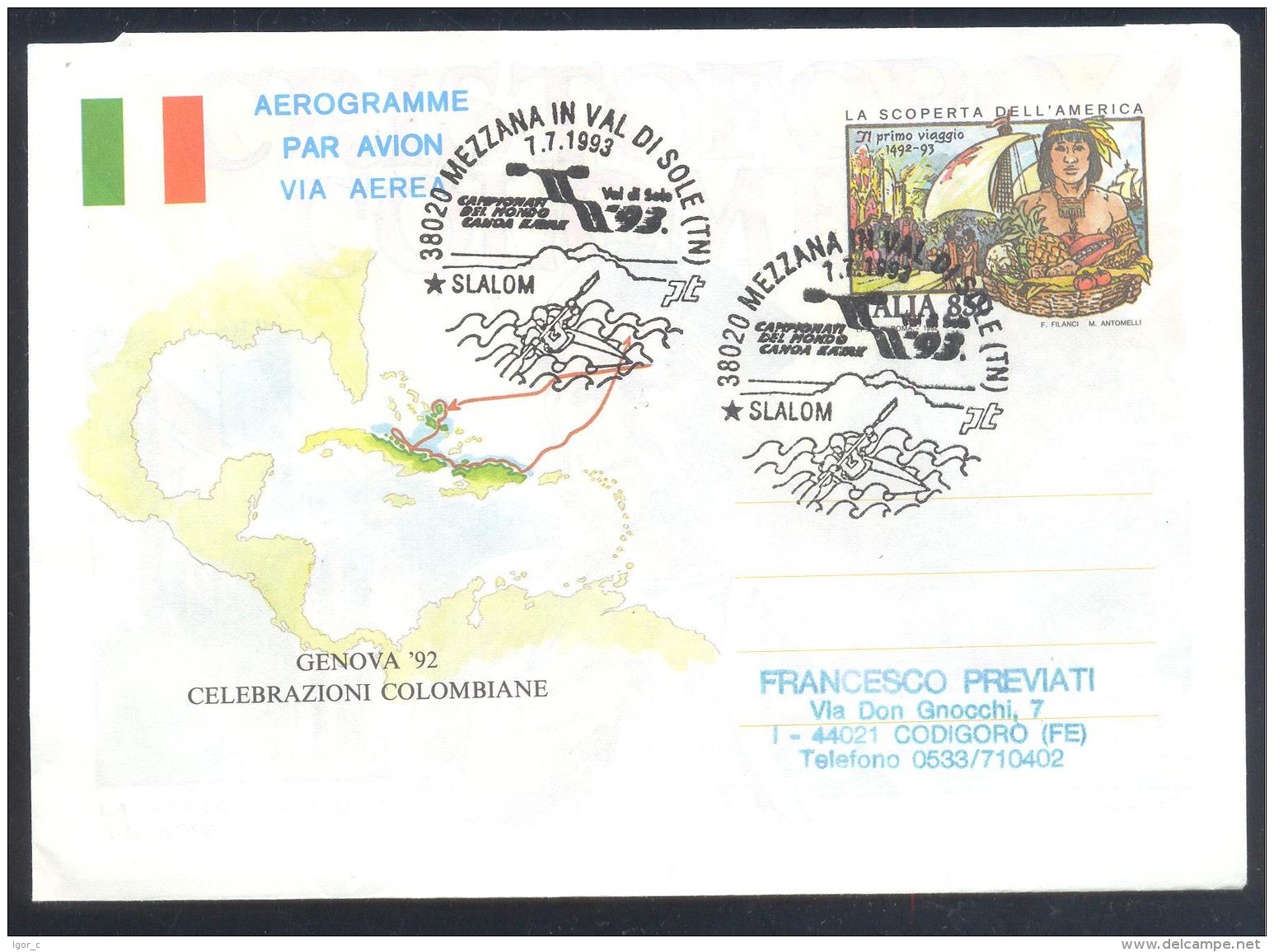 Italy 1993 PS Aerogramme Cover Sport Cayak Kayak Canoe Kajak Kanu Cancellation; World Championship Val Di Sole; Columbus - Kanu