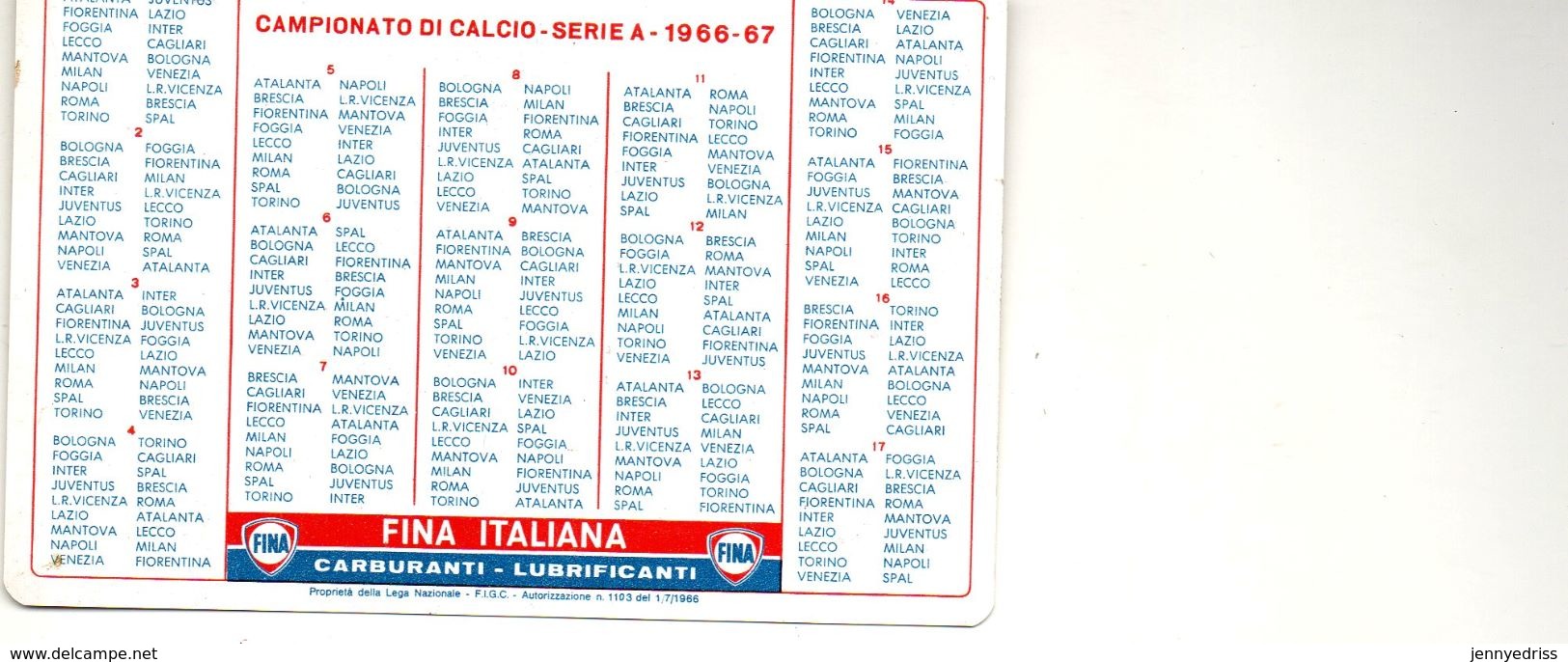 Calendarietto  1967  Carburanti DE Detergenti  FINA  SUPERFINA  , Campionato  Calcio Serie  A  1966-67 - Formato Piccolo : 1961-70