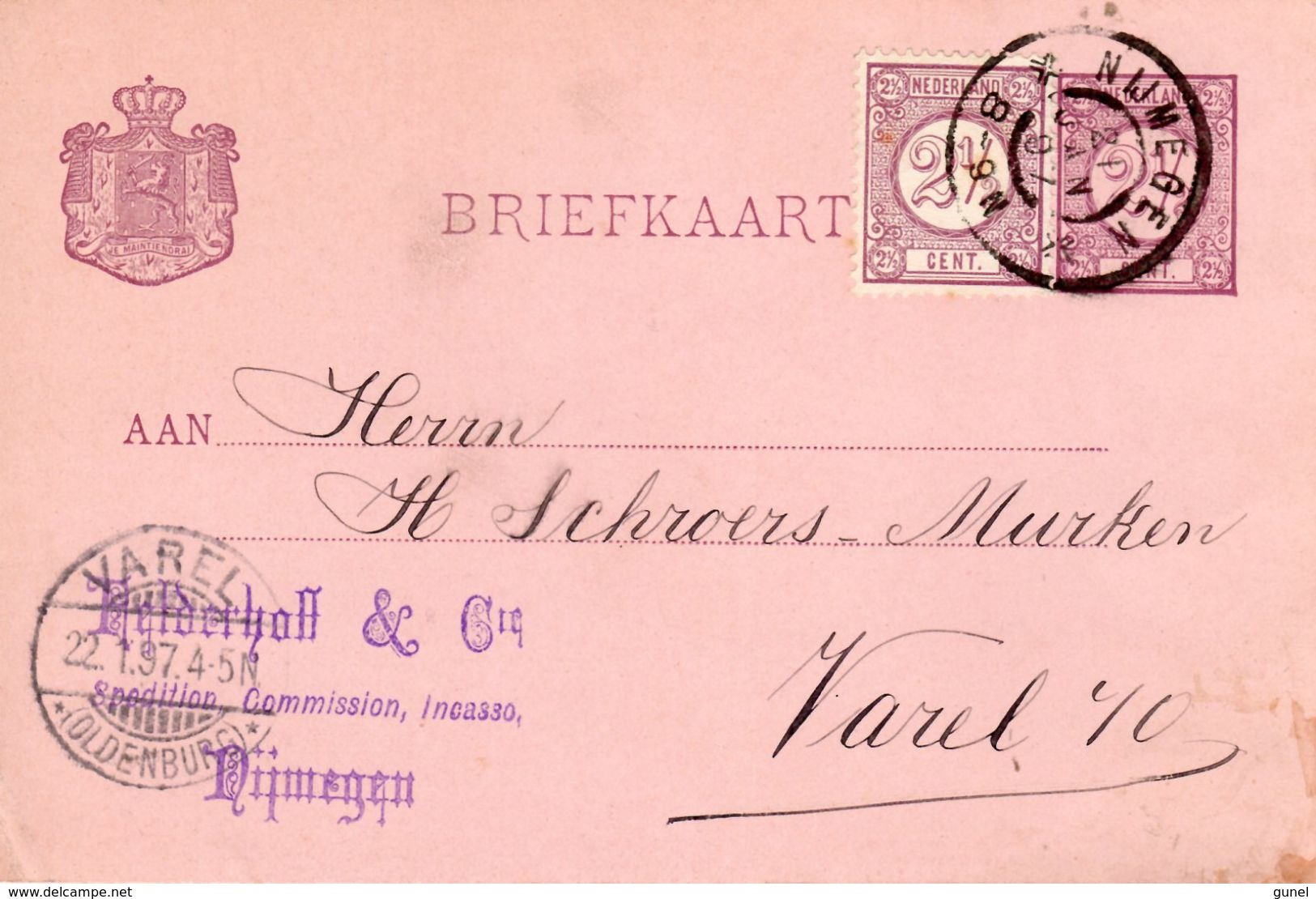 1896 Grootrond NIJMEGEN Op Bijgefrankeerde  Bk Met Firmastempel Naar Varel - Poststempels/ Marcofilie