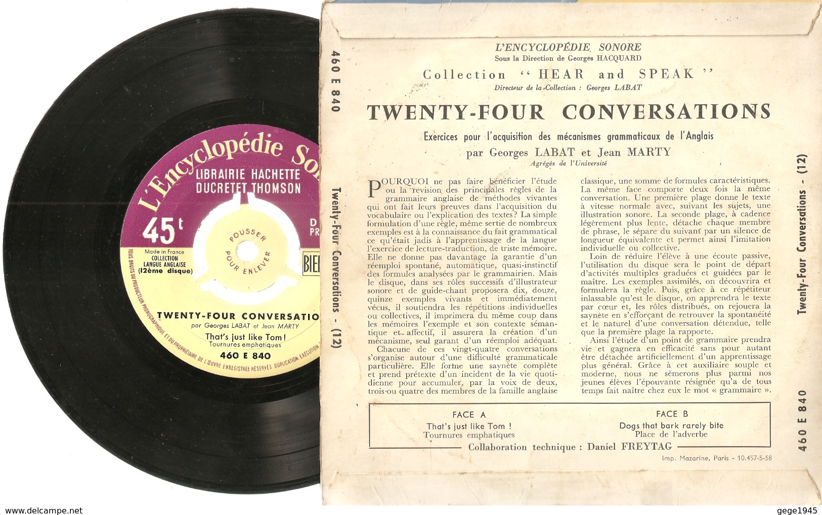 45 T    L'Encyclopédie Sonore  "  Twenty-four Conversations  "  Dogs That Bark Rarely Bite - - 45 T - Maxi-Single
