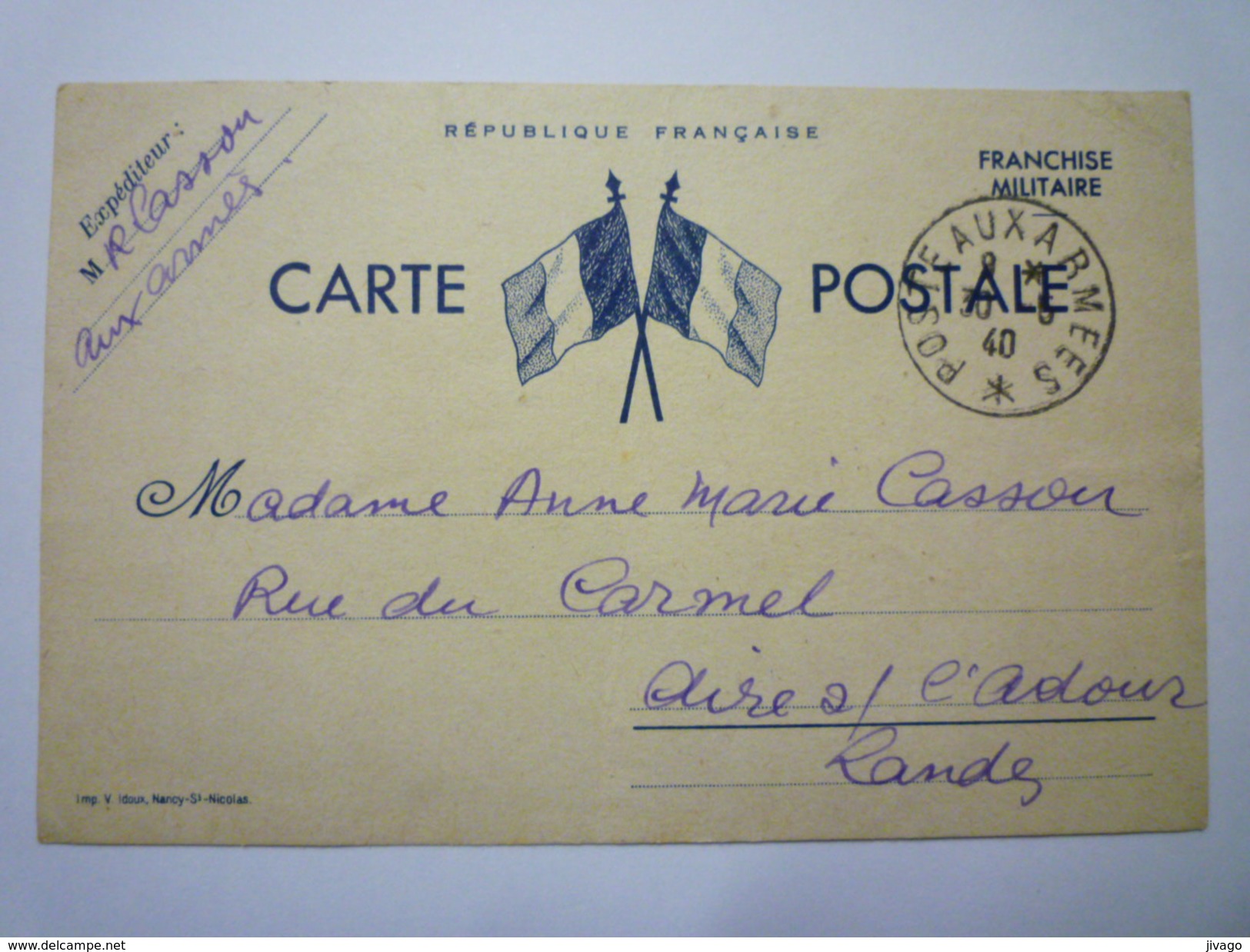 CARTE En FRANCHISE MILITAIRE  1940    - Documents