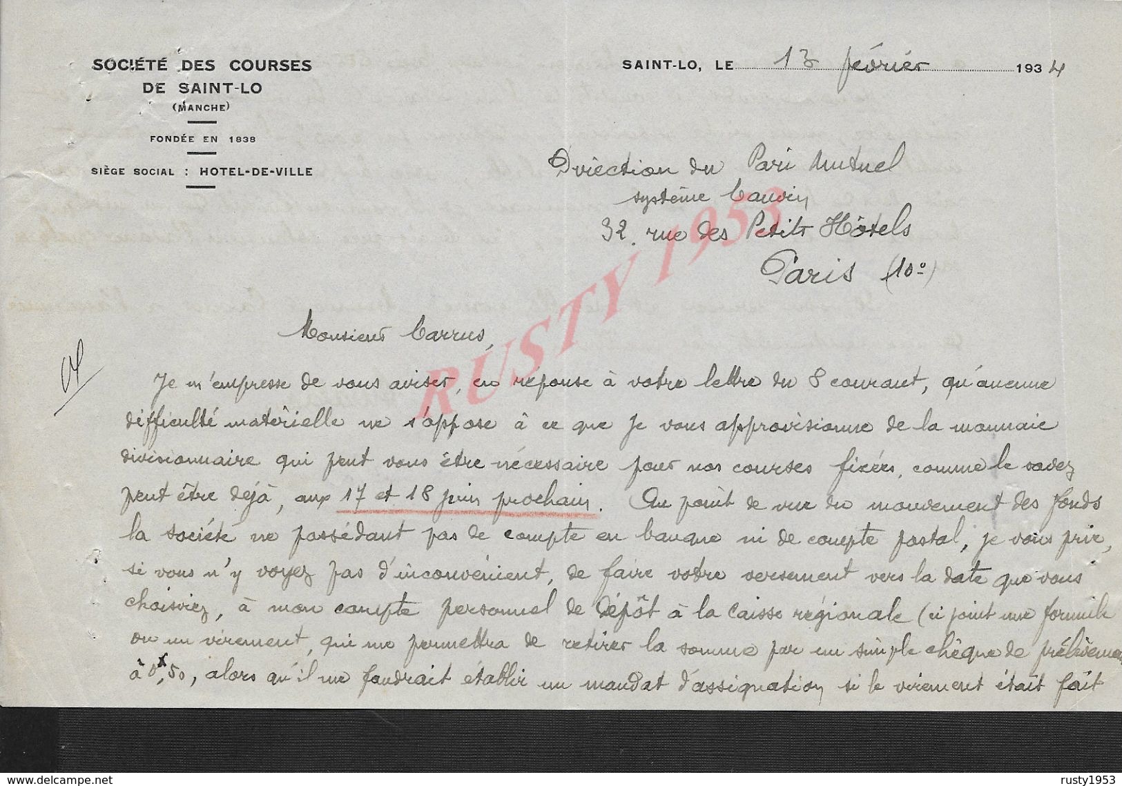 LETTRE COMMERCIALE  DE 1934 SOCIETE DES COURSES DE SAINT LO : - Equitation