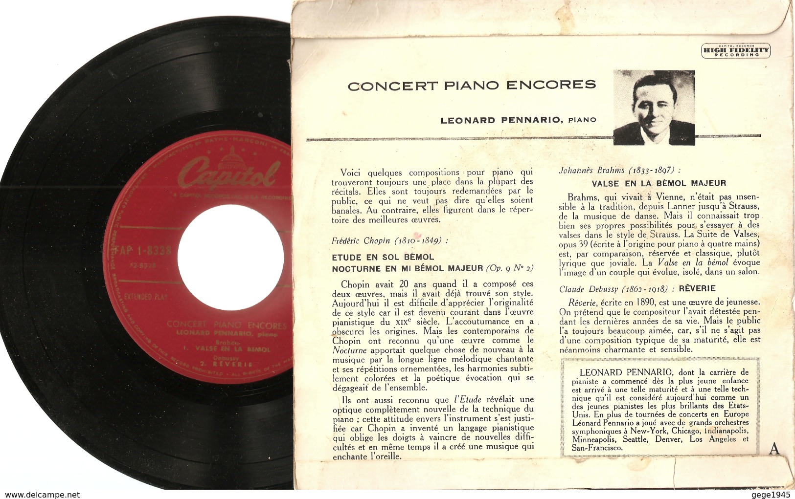 45 T   "  Concert  Piano  Encores  "  Par  Léonard  Pennario  ( Au  Piano ) - 45 T - Maxi-Single