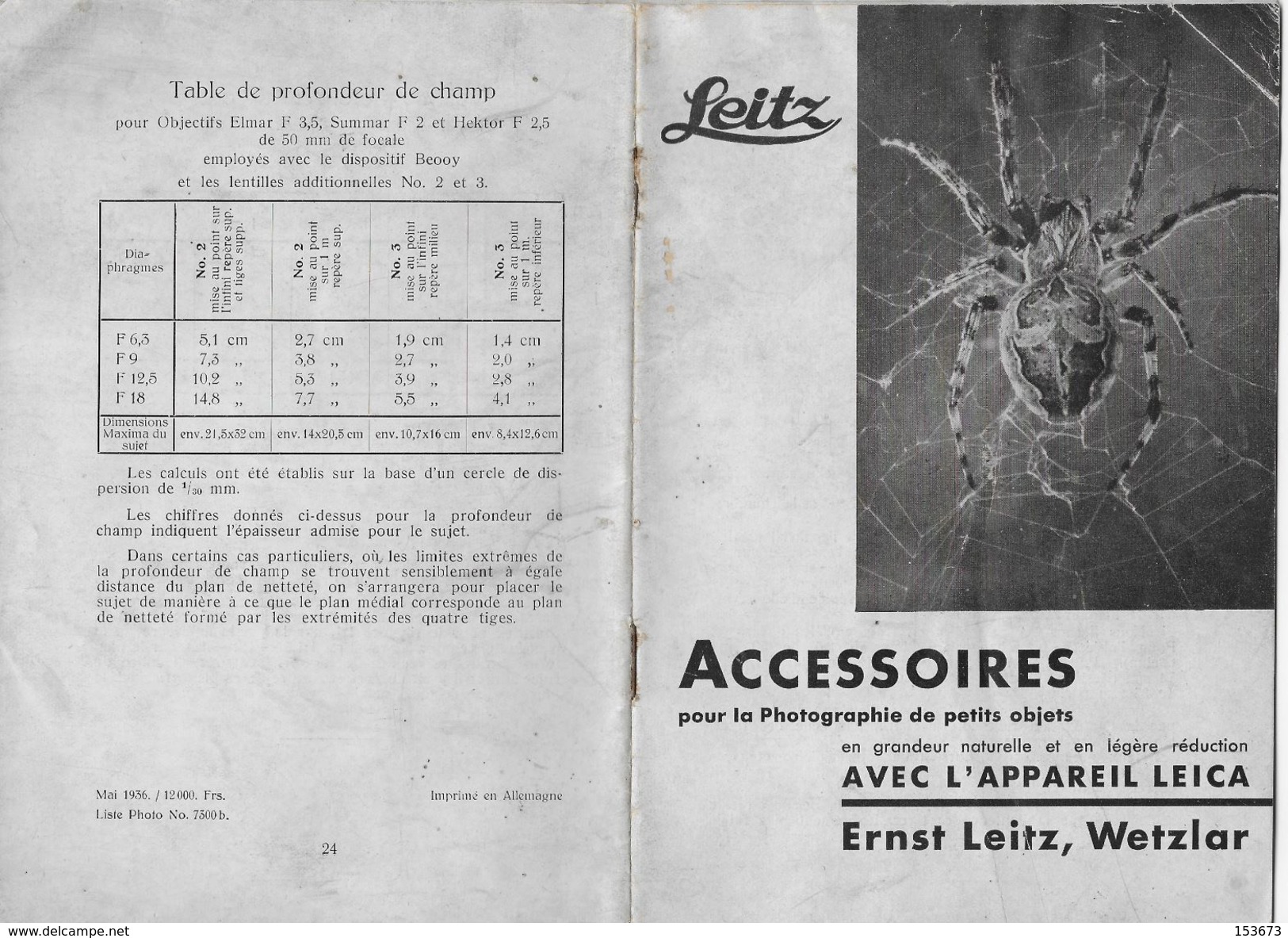 Guide LEITZ 1936 "Accessoires Pour La Photographie De Petits Objets Avec L'appareil LEICA" (24 P.) Ernst LEITZ à WETZLAR - Matériel Et Accessoires