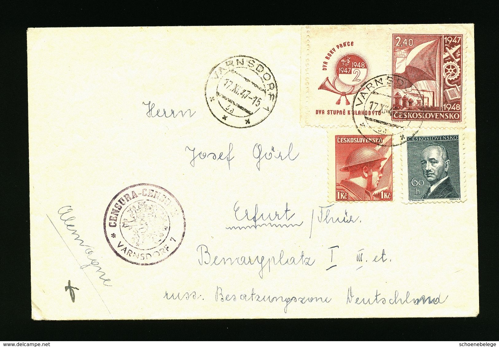 A4983) Czechoslovakia Brief Von Varnsdorf 17.12.47 Nach Erfurt Mit Zensur - Briefe U. Dokumente