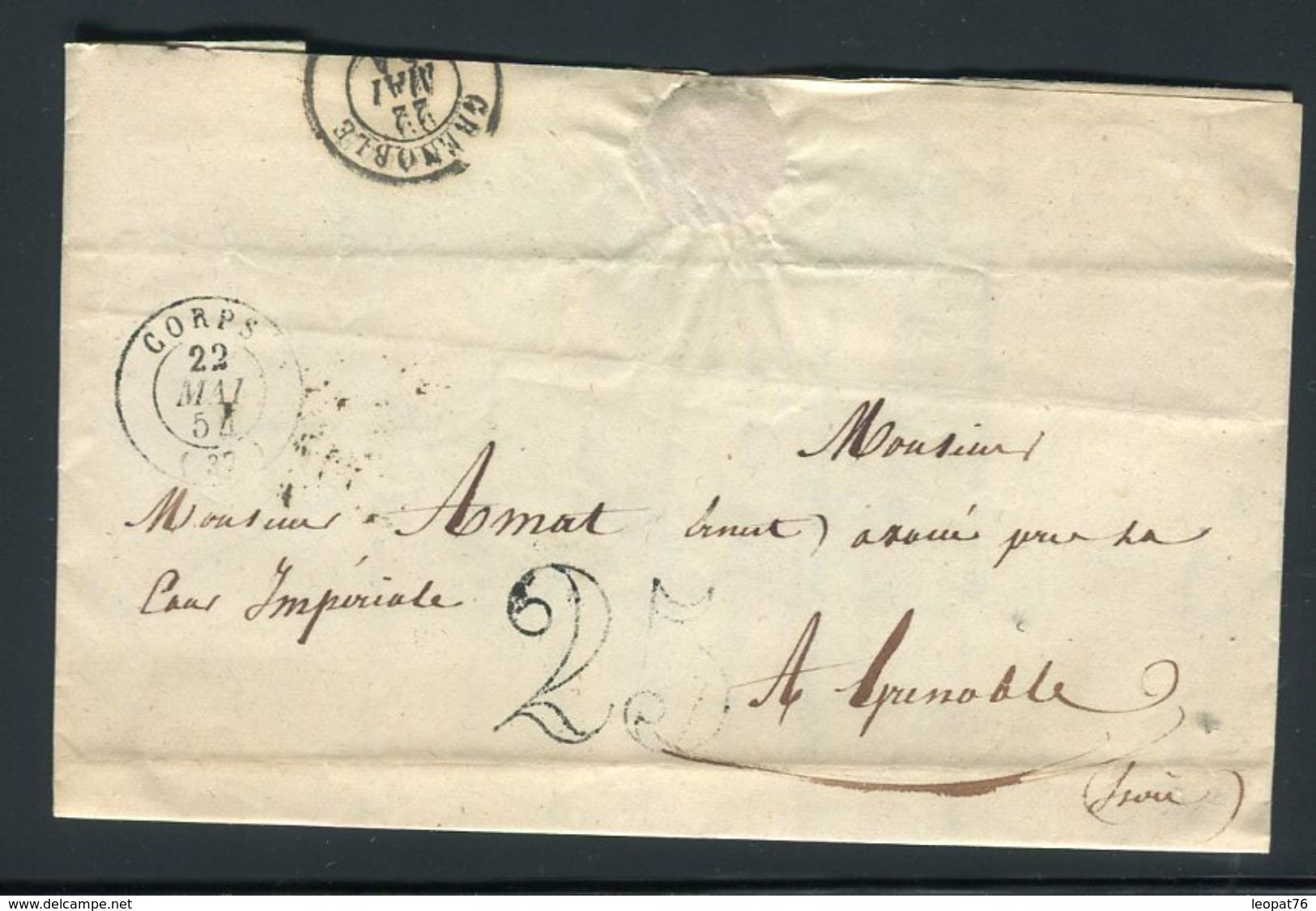 France - Lettre Avec Texte De Corps Pour Grenoble En 1854 , Taxe 25 Double Trait - Ref N 3 - 1849-1876: Période Classique