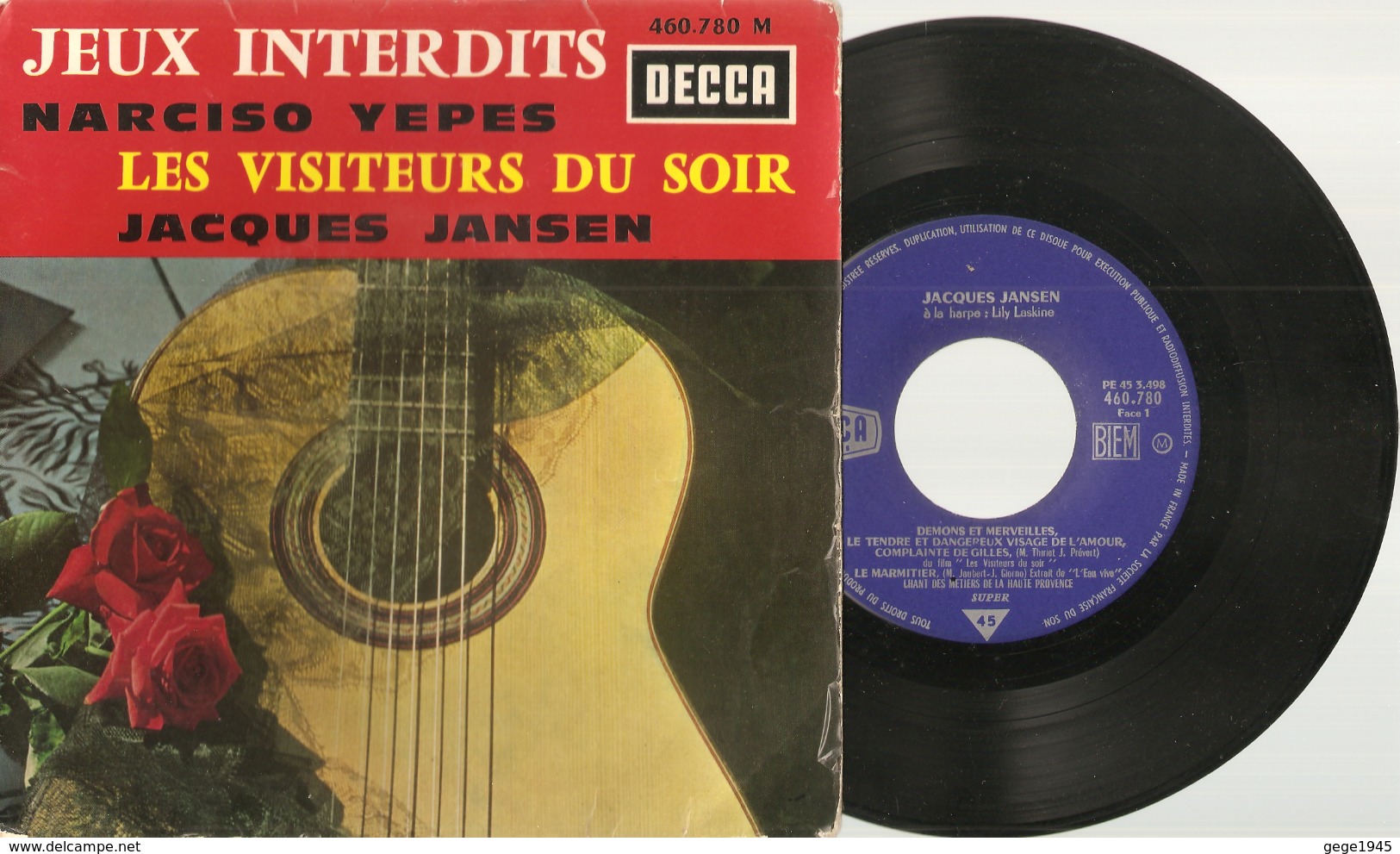 45 T   Narciso  Yepes  (  Jeux Interdits  )  &  Jacques  Jansen  (  Les Visiteurs Du Soir ) - 45 T - Maxi-Single