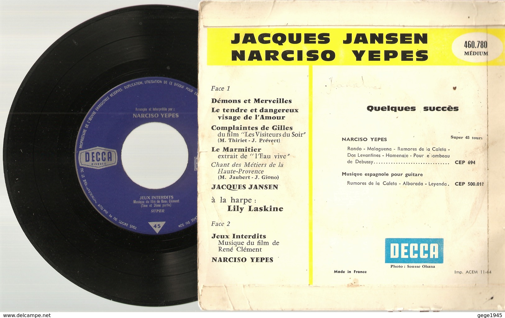 45 T   Narciso  Yepes  (  Jeux Interdits  )  &  Jacques  Jansen  (  Les Visiteurs Du Soir ) - 45 T - Maxi-Single