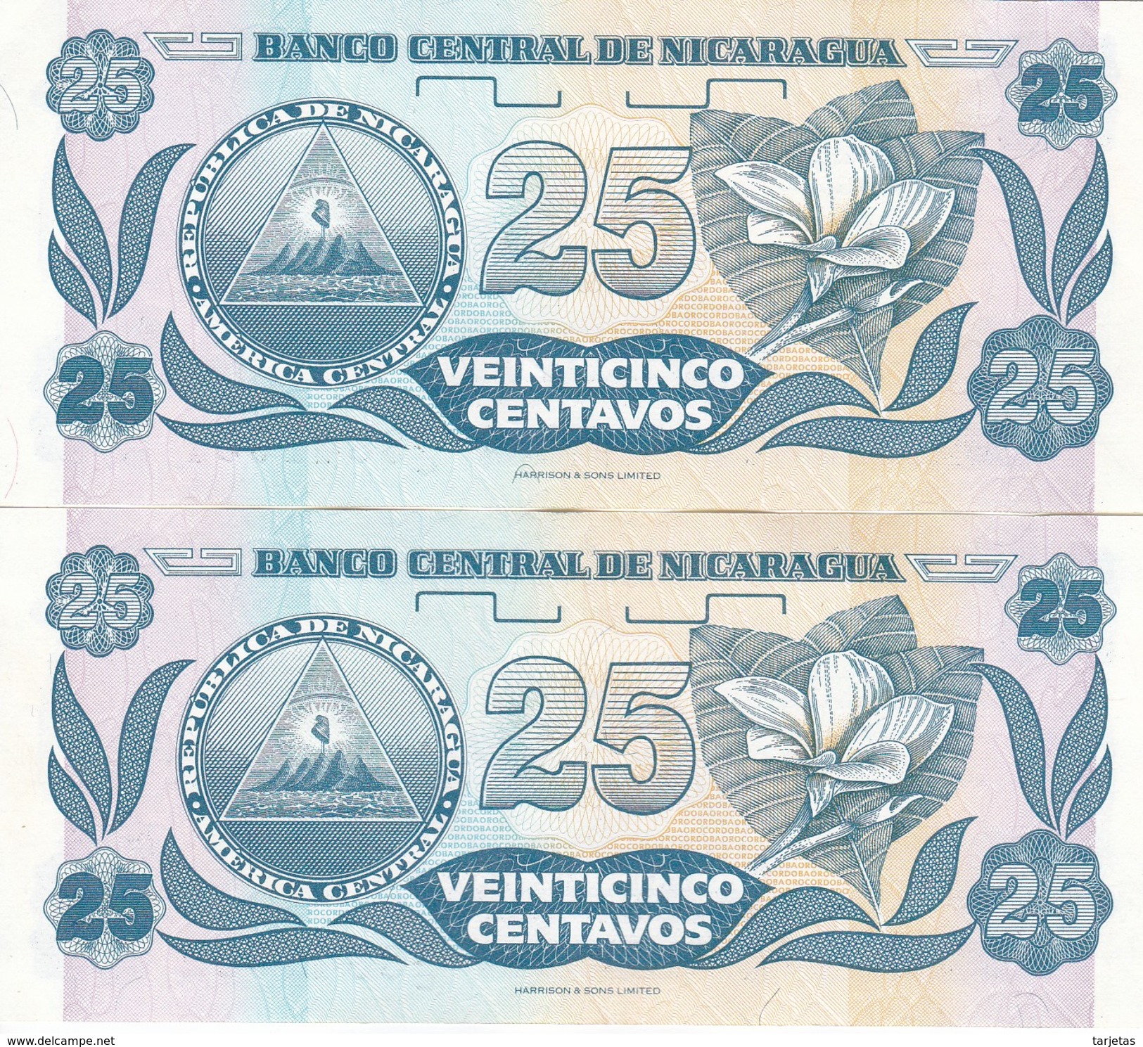 PAREJA CORRELATIVA DE NICARAGUA DE 25 CENTAVOS DEL AÑO 1991    (BANKNOTE) - Nicaragua