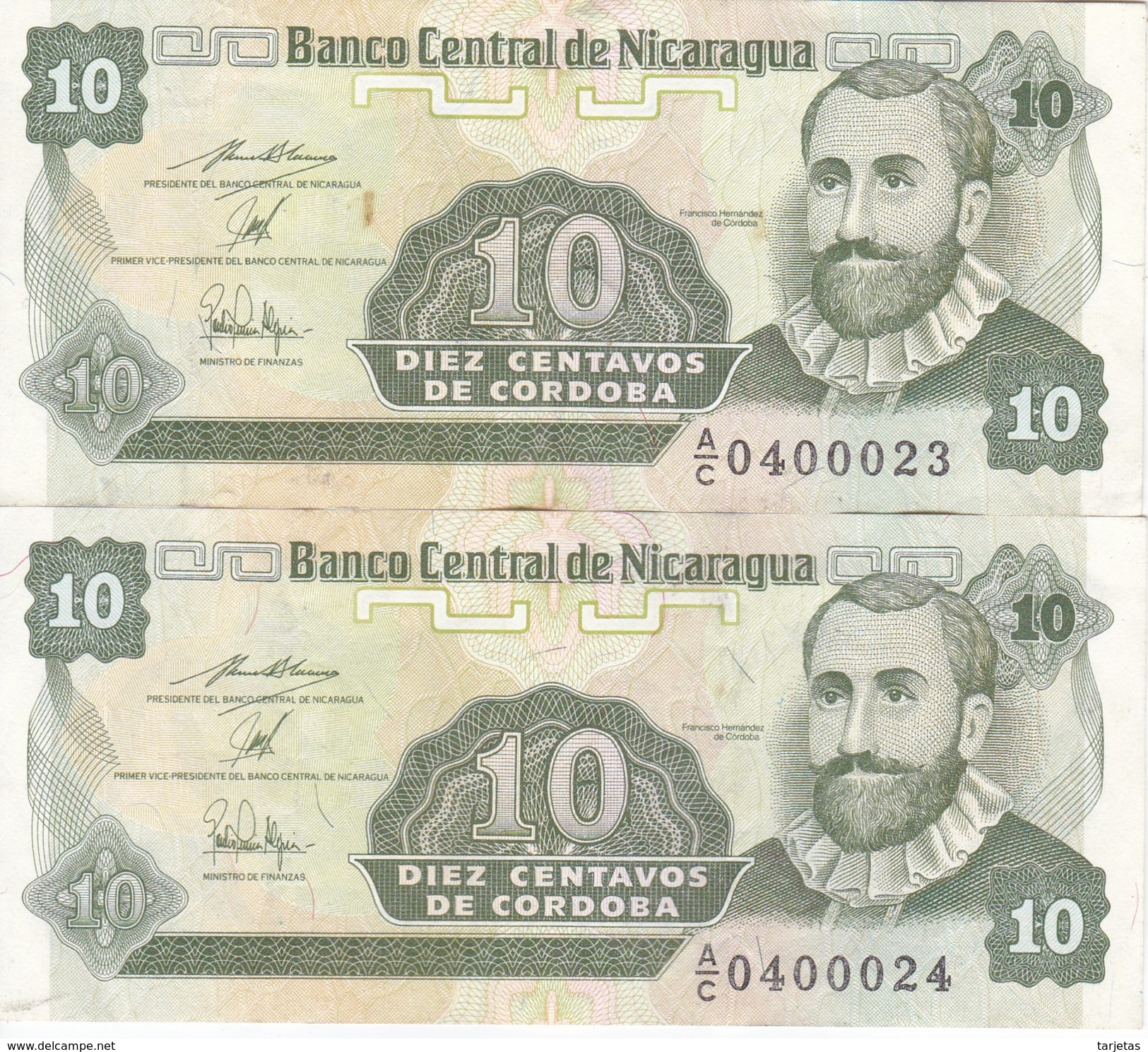 PAREJA CORRELATIVA DE NICARAGUA DE 10 CENTAVOS DEL AÑO 1991    (BANKNOTE) - Nicaragua