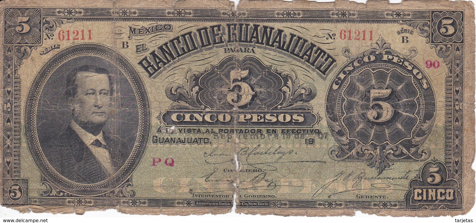 BILLETE DE MEXICO DE 5 PESOS DEL 19 DE SEPTIEMBRE DEL AÑO 1907  (BANKNOTE) MUY RARO - Mexico